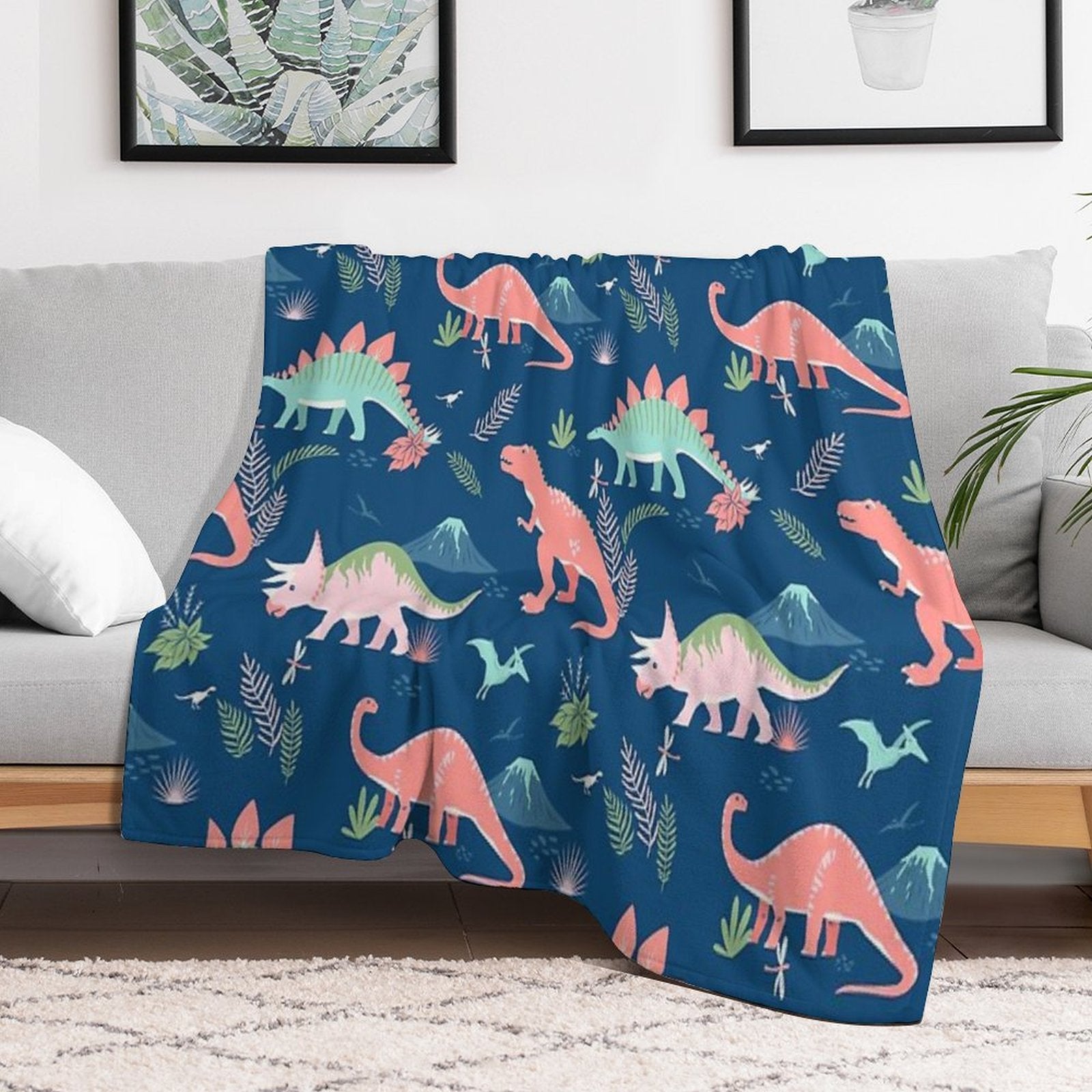 Jurassic Dinosaur in Blue + Coral Premium Throw Blanket