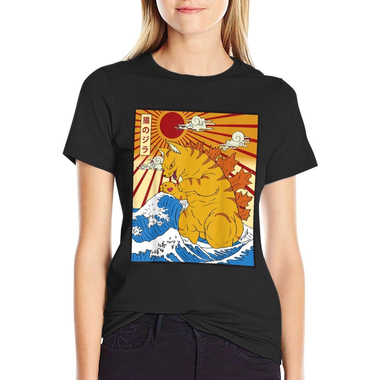 Catzilla Cat Japanese Anime Kawaii Funny Graphics Men  Eco-friendly Material T-Shirt