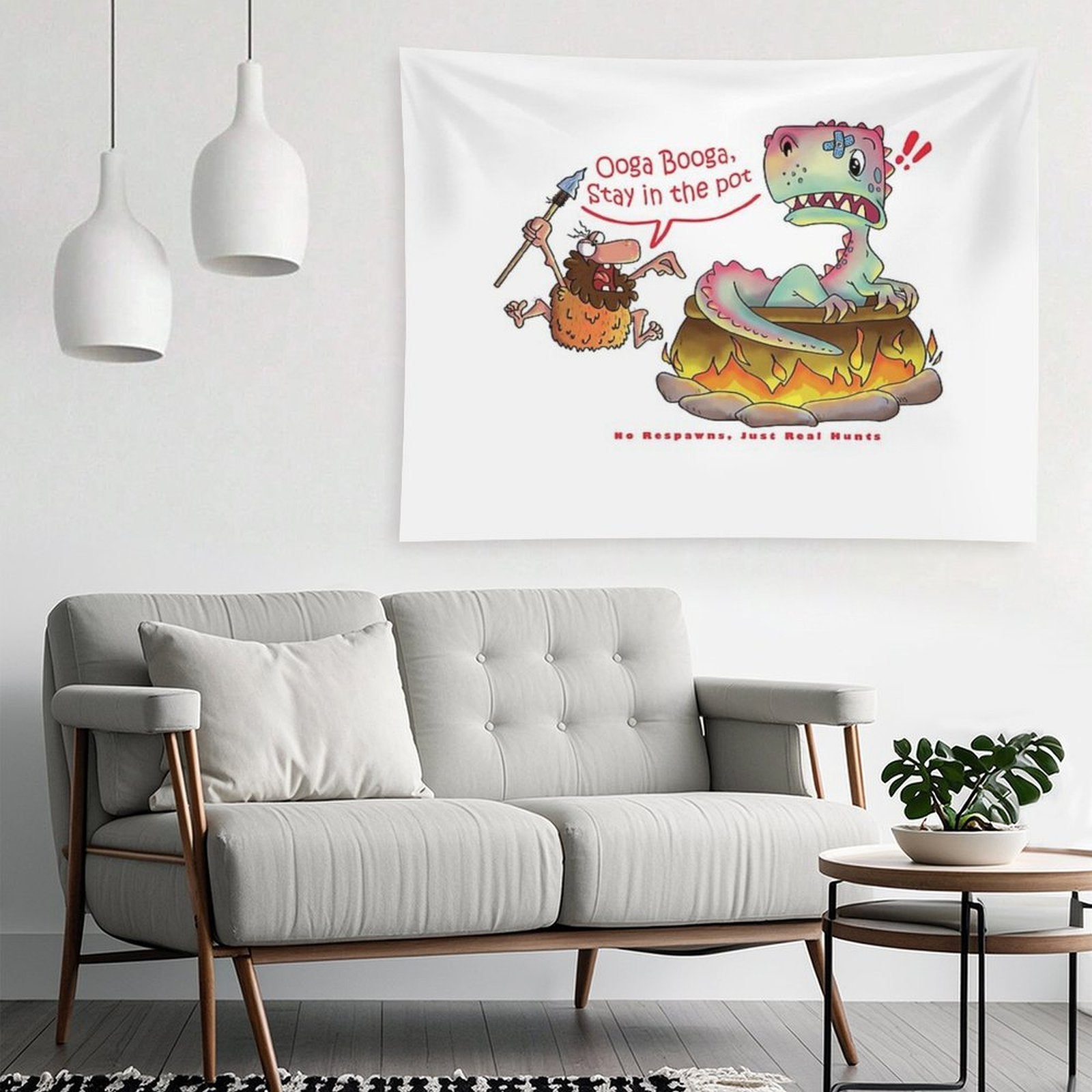 Funny Caveman Dino T-shirt - Ooga Booga Hunter Tee Tapestry