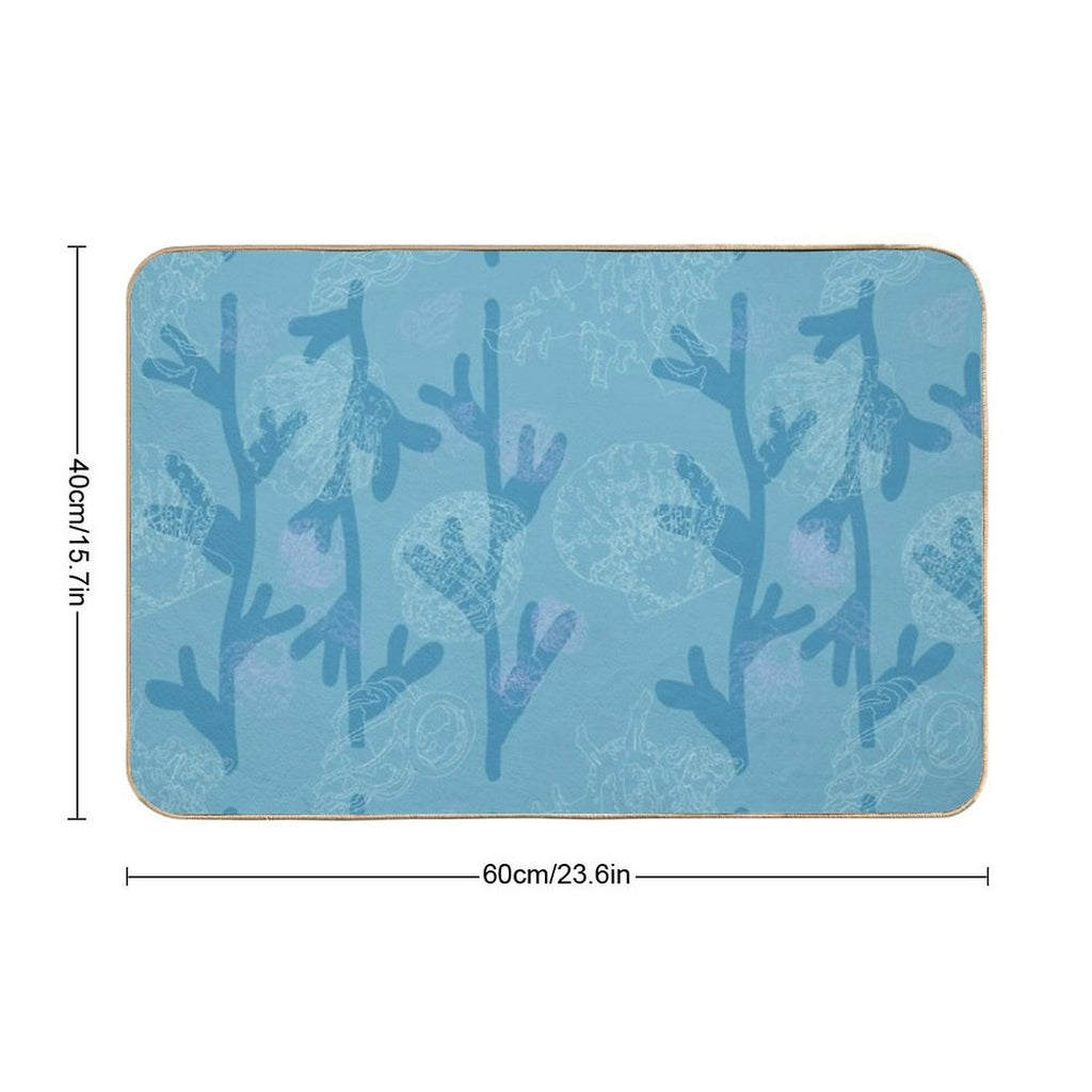 Seashells Seaweed Pattern in Blue  Repositionable Bath Mat