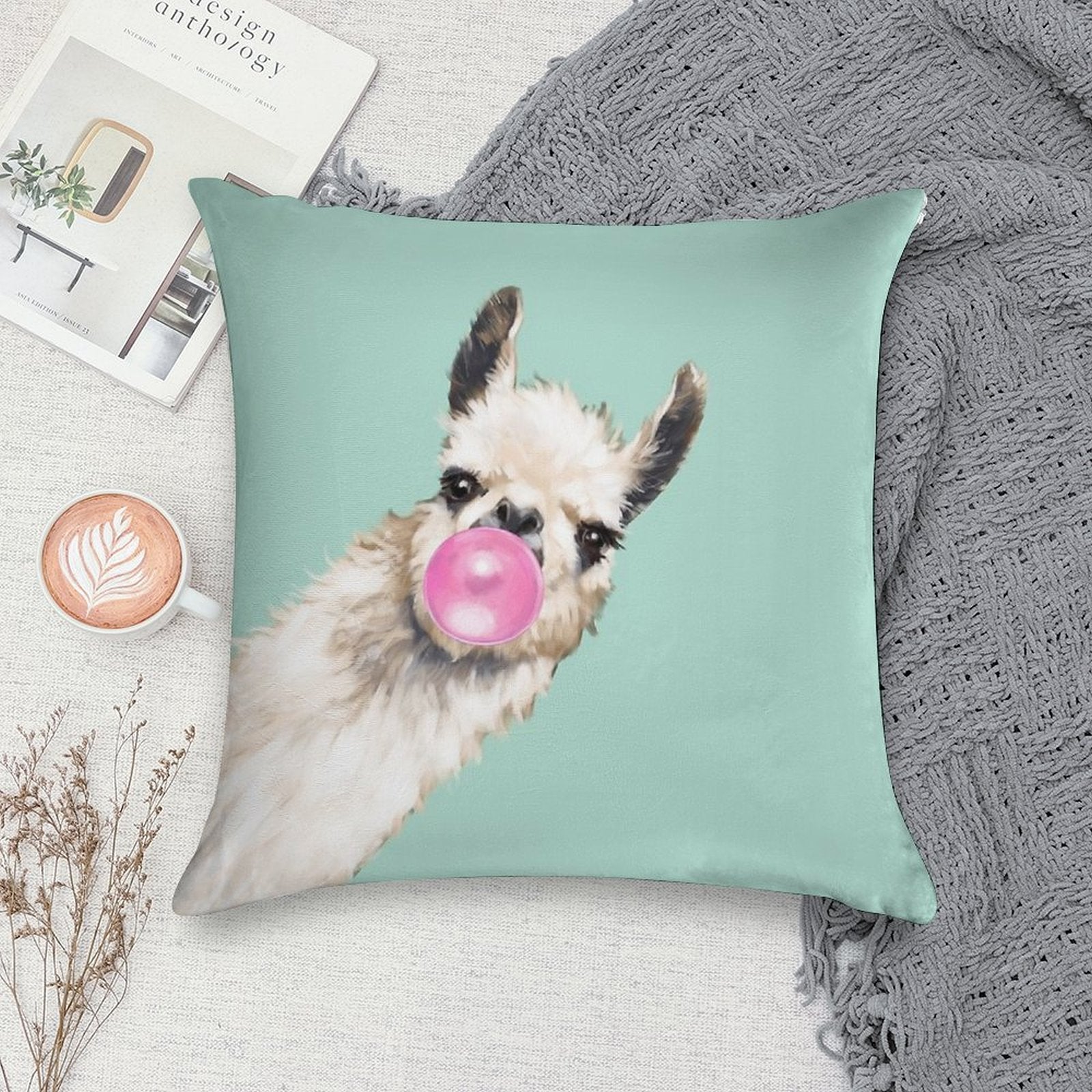 Bubble Gum Sneaky Llama in Green Soft Home Decor Throw Pillow