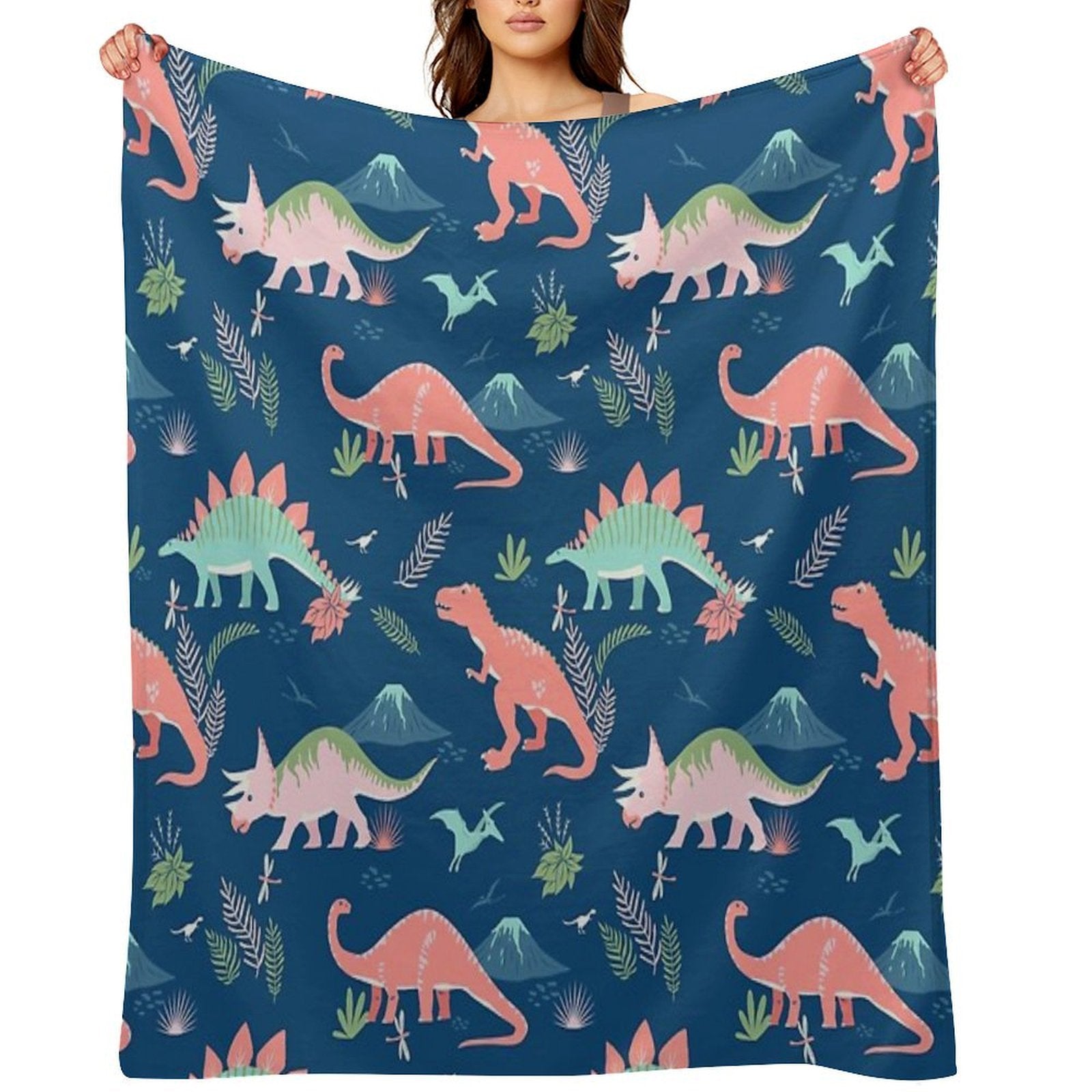Jurassic Dinosaur in Blue + Coral Premium Throw Blanket