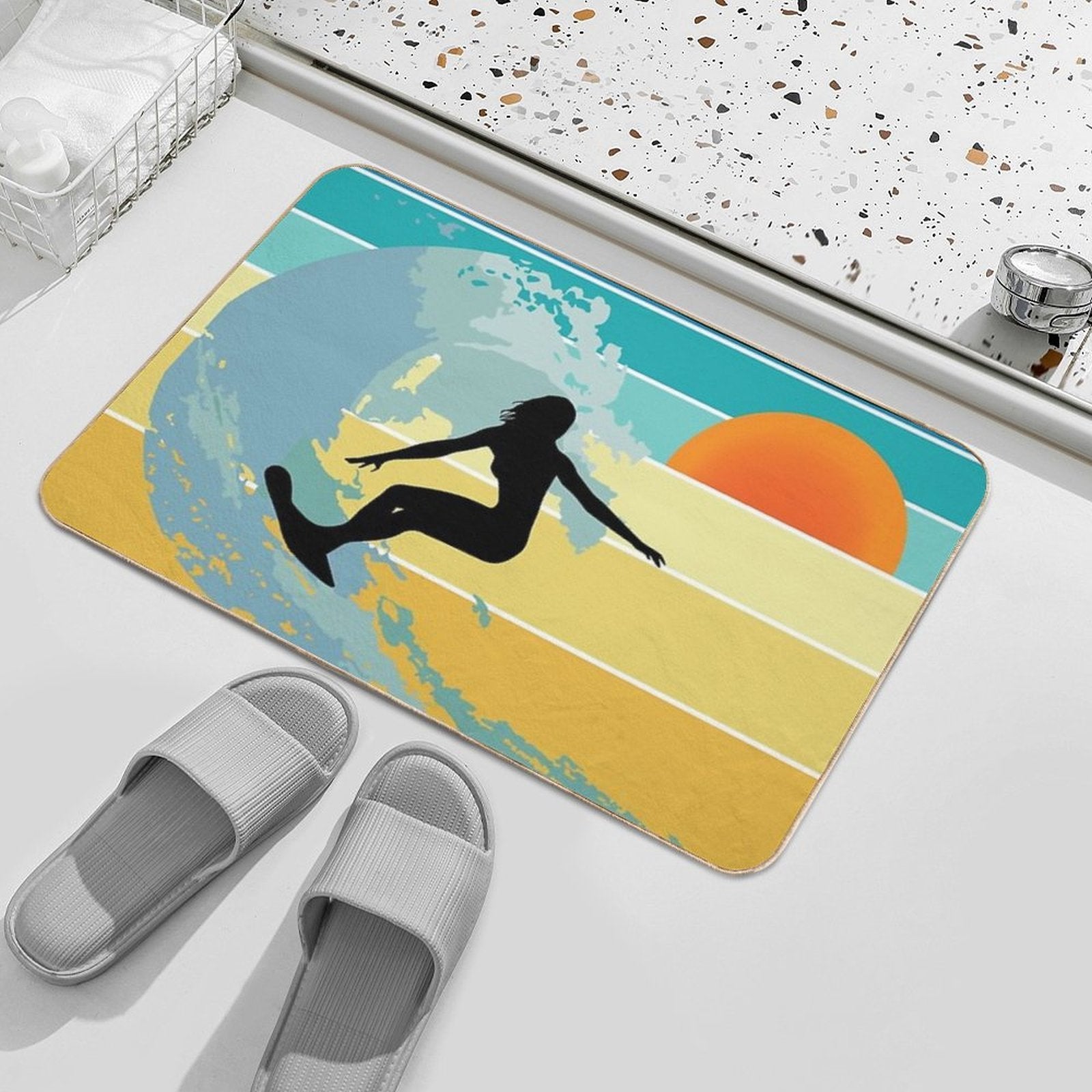Sorry, I Can't, I Have A Board Meeting, Surfer Girl Silhouette at Sunset  Rapid-Drying Bath Mat