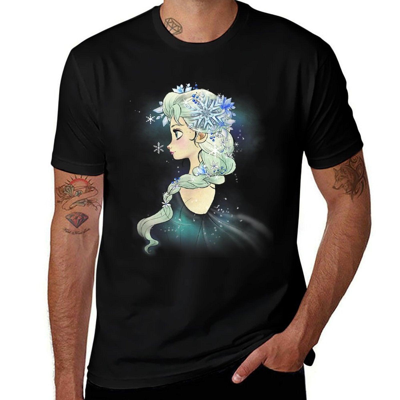 Disney Frozen Elsa Ice Queen Watercolor Snowflake Poster  Rolled Sleeves T-Shirt