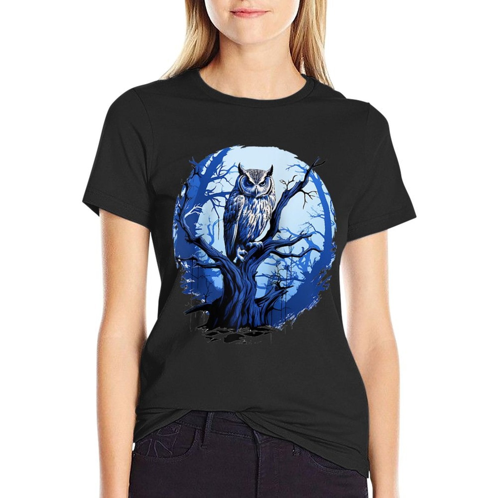 Twilight Blue Impressionist Owl on Skeletal Tree Raglan Baseball  Eco-friendly Material T-Shirt