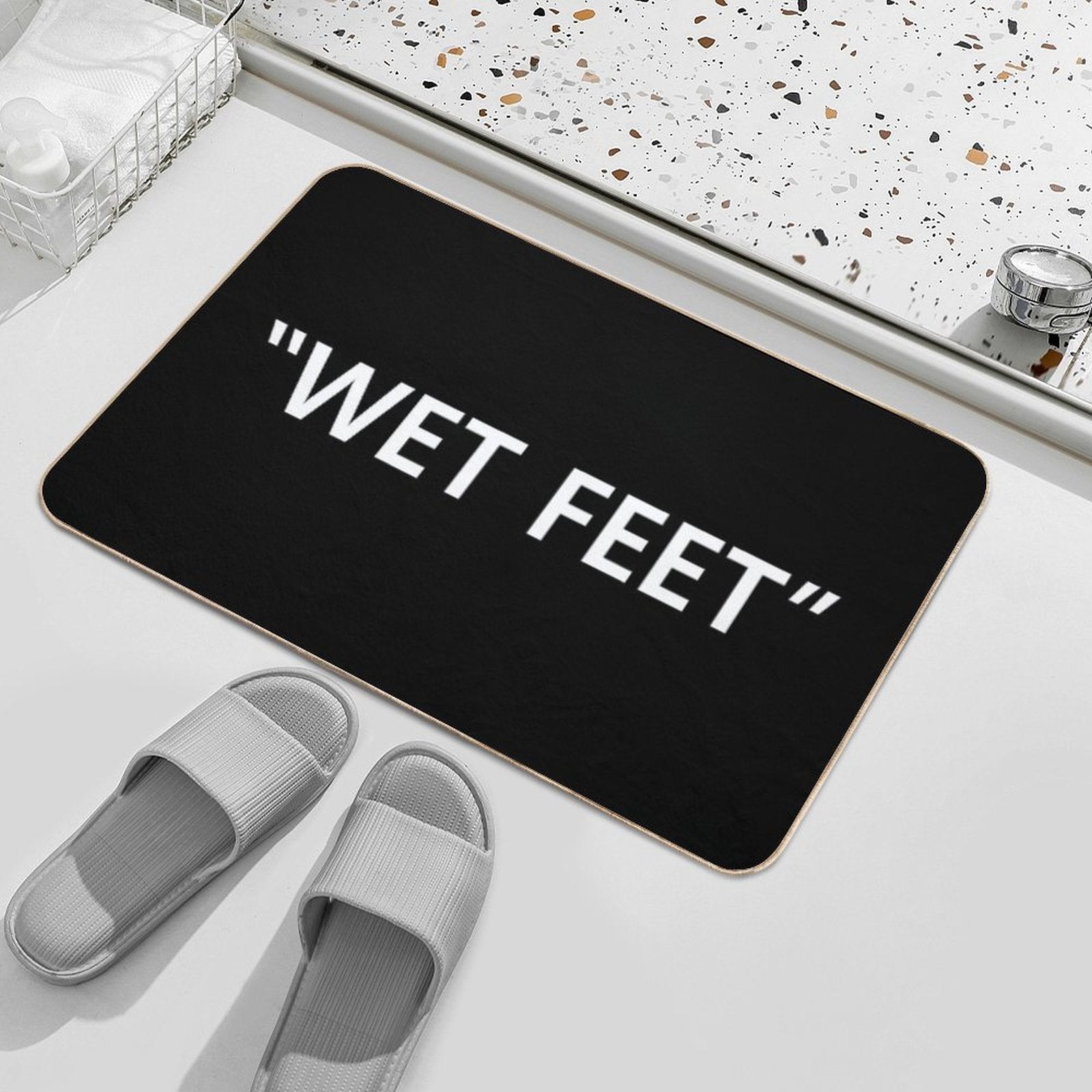 Wet Feet White on Black  Easy To Clean Bath Mat