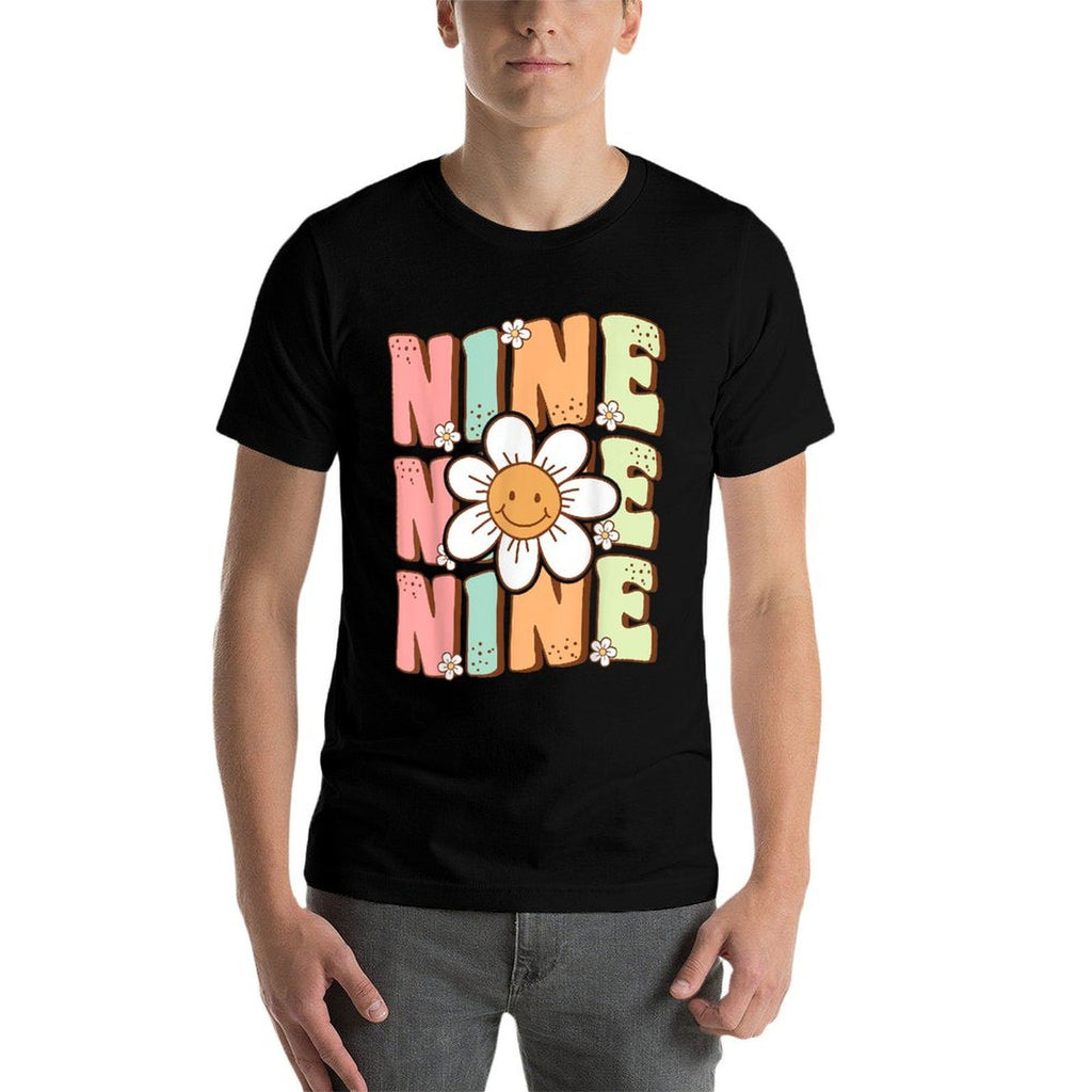 Cute Groovy 9th Birthday Party Daisy Flower Nine Year Old  Graphic-printed T-Shirt