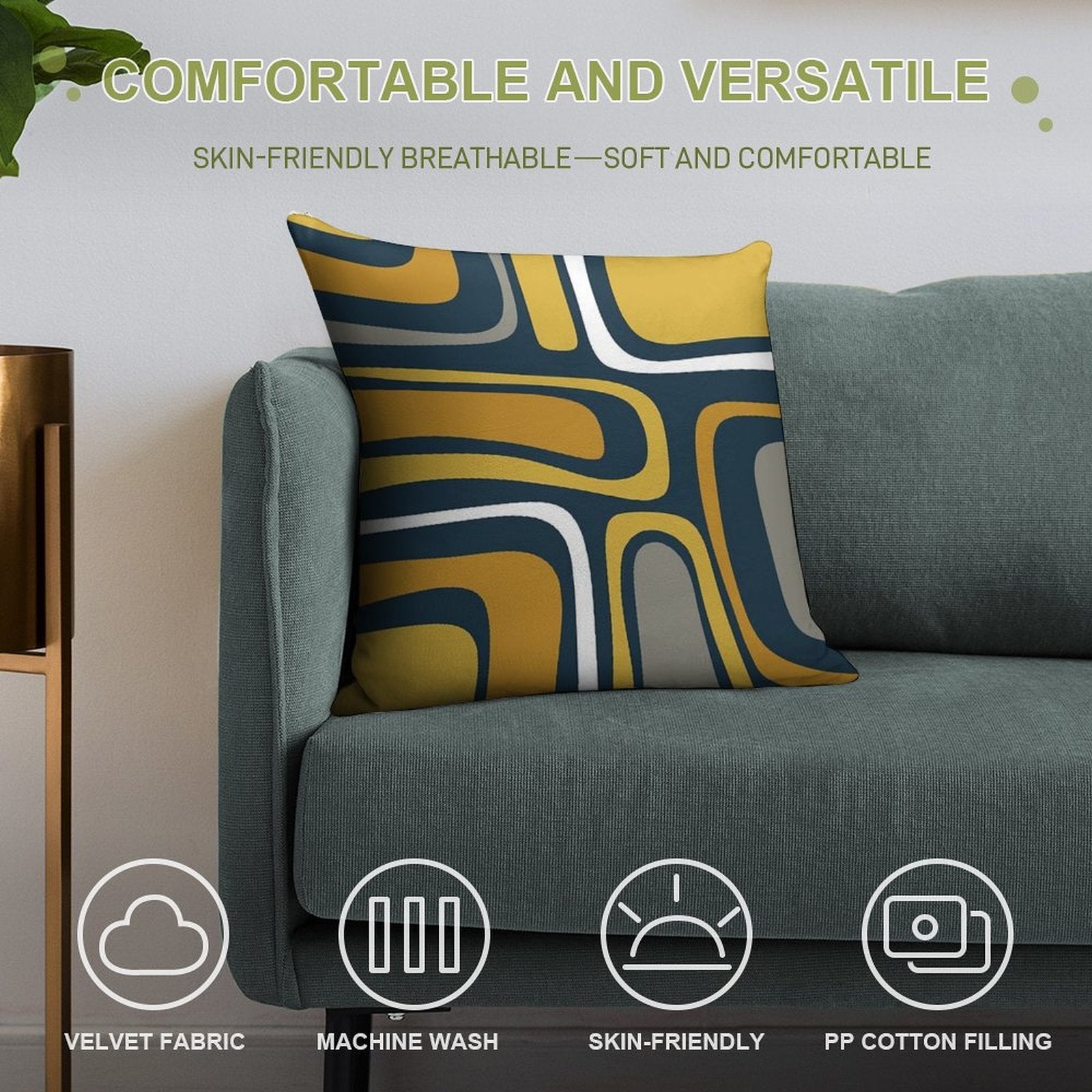 Palm Springs Mid-Century Modern Abstract Pattern in Light And Dark Mustard, Gray, And White on Navy Blue Soft Skin-Friendly Throw Pillow