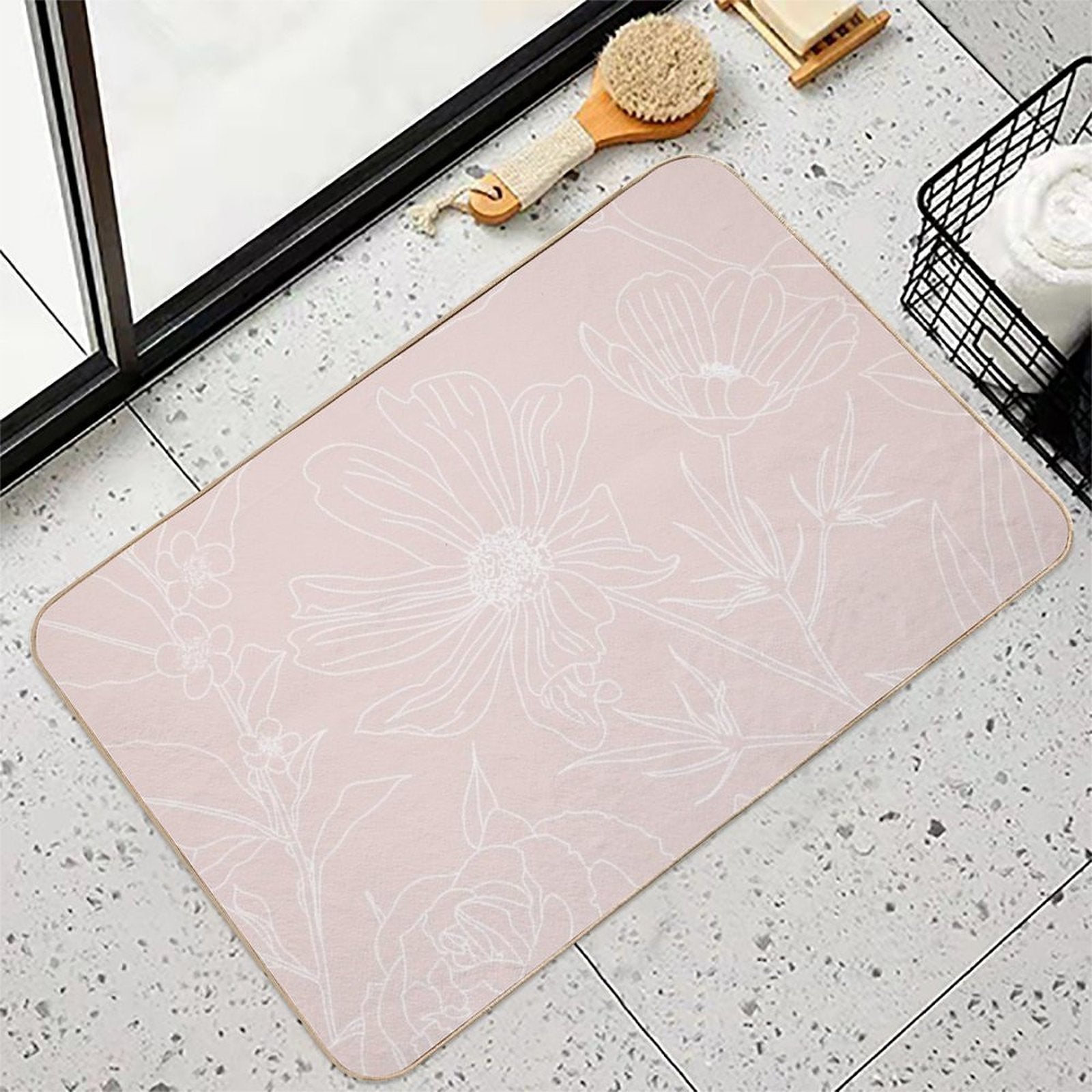 Trendy White Flowers Outlines Blush Pink Design  Eco-Friendly Bath Mat