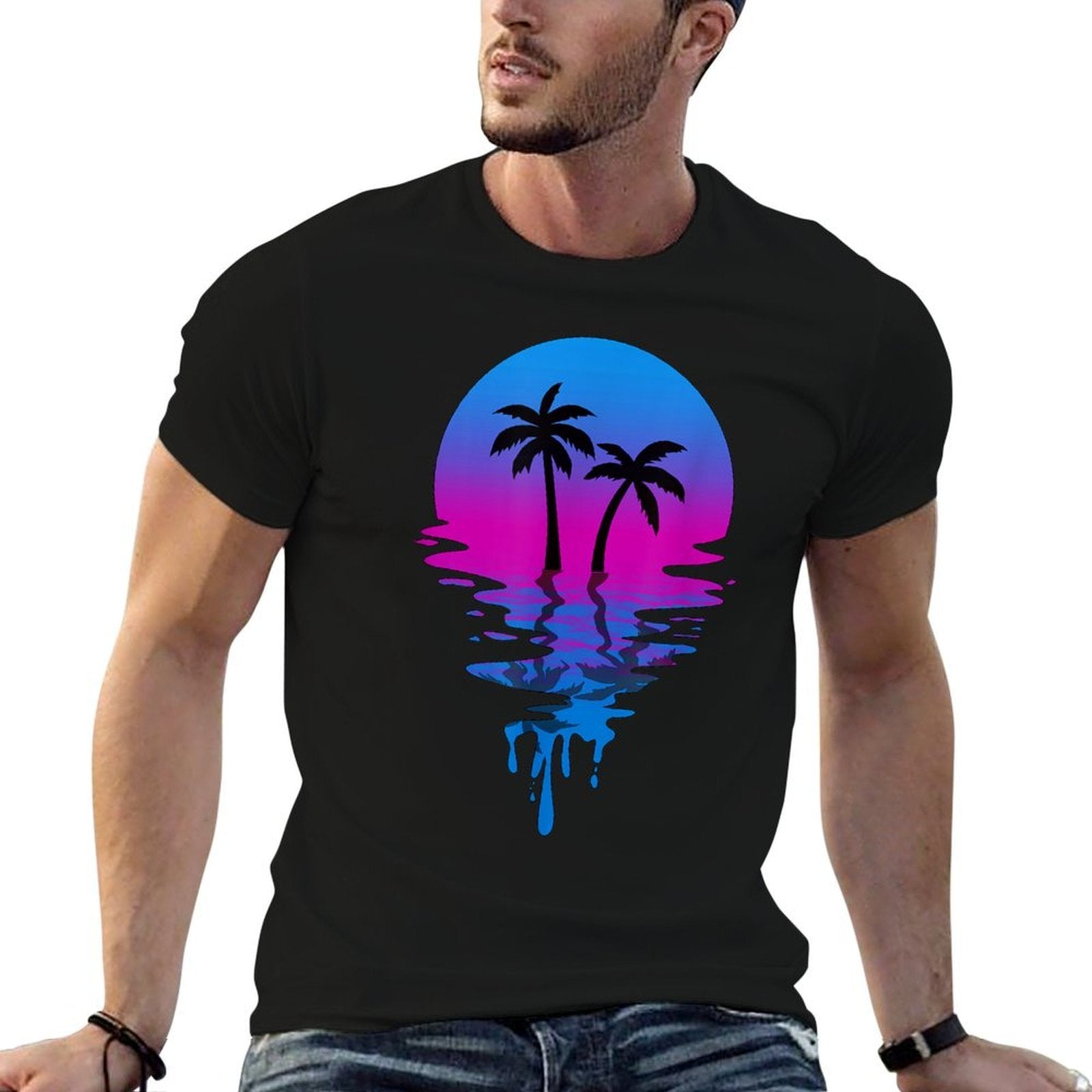 Vintage Retro Sunset Palm Tree  Rolled Sleeves T-Shirt