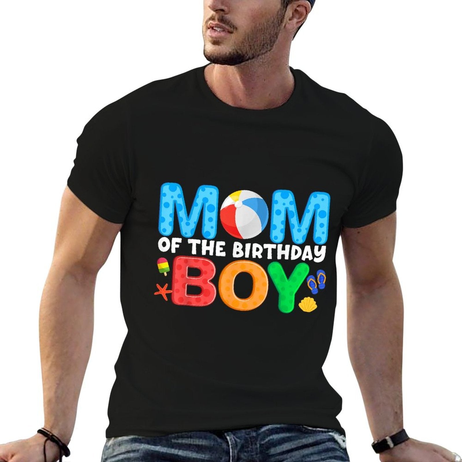 Mom Birthday Boy Kids Beach Ball Theme Party Pool Matching  Cotton T-Shirt