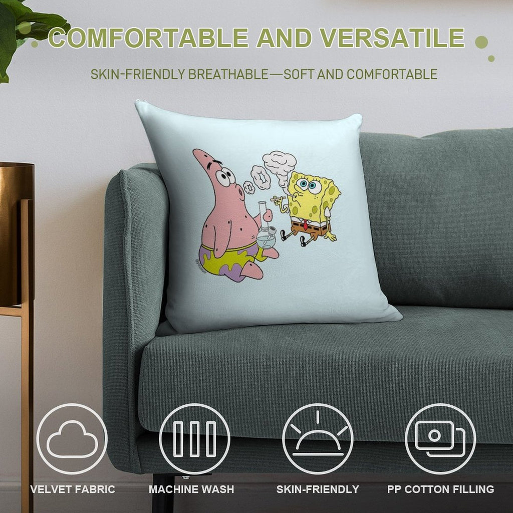 Spongebob And Patrick Smoking Weed Cannabis Cartoon Art Soft Hidden Zipper Throw Pillow