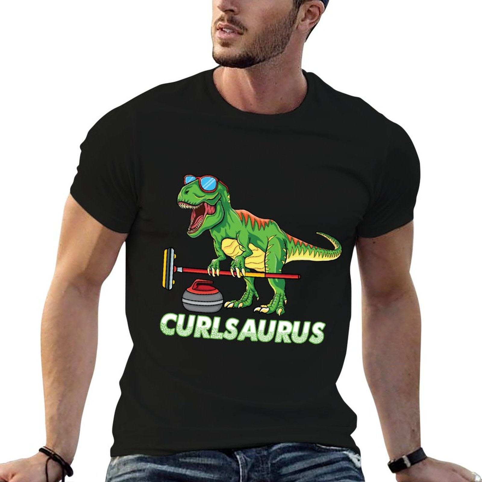 Cool Dinosaur Curling T Rex Curler Winter Ice Sports Curling  Classic T-Shirt