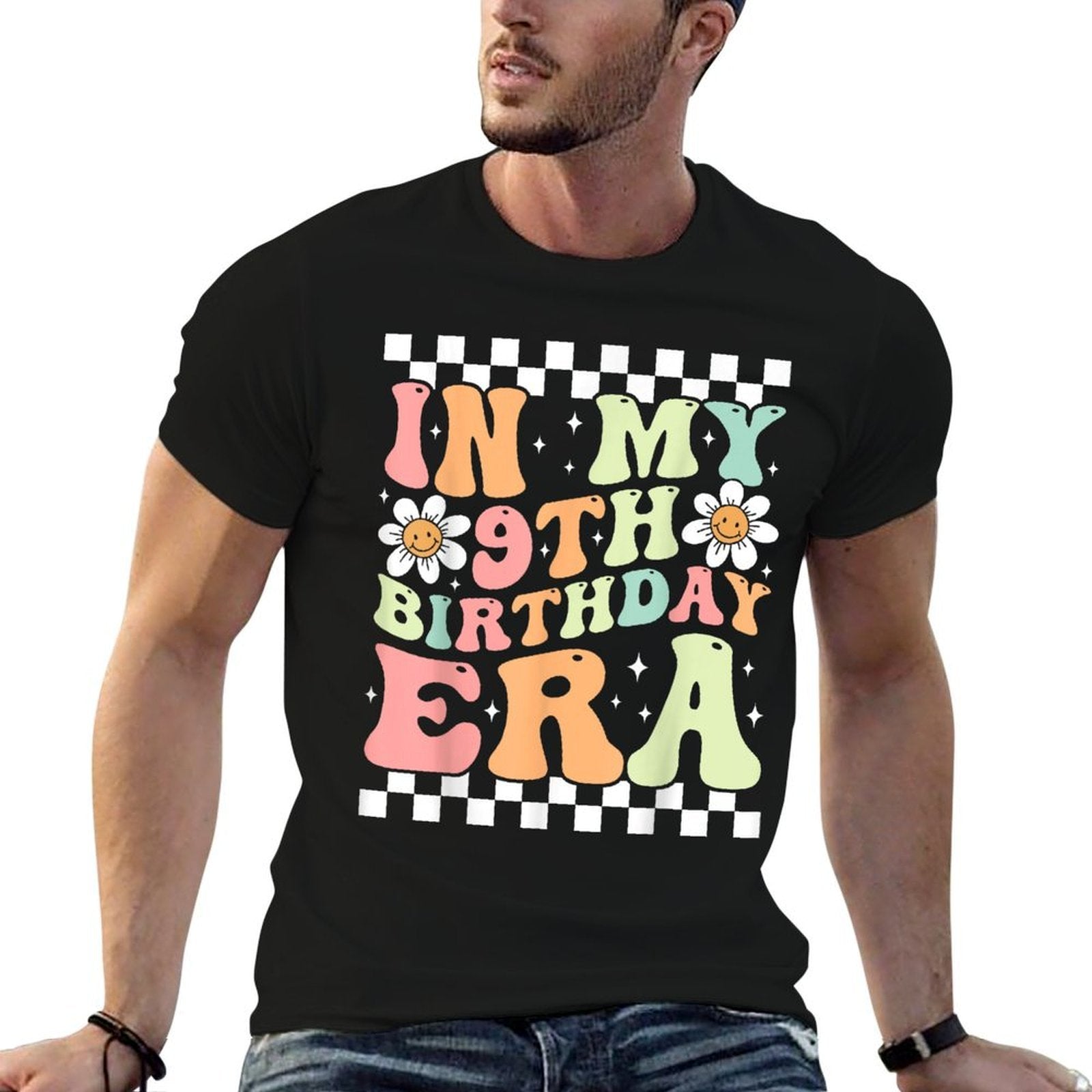 In My 9th Birthday Era Cute Daisy Groovy 9th Birthday Party  Ribbed Collar T-Shirt
