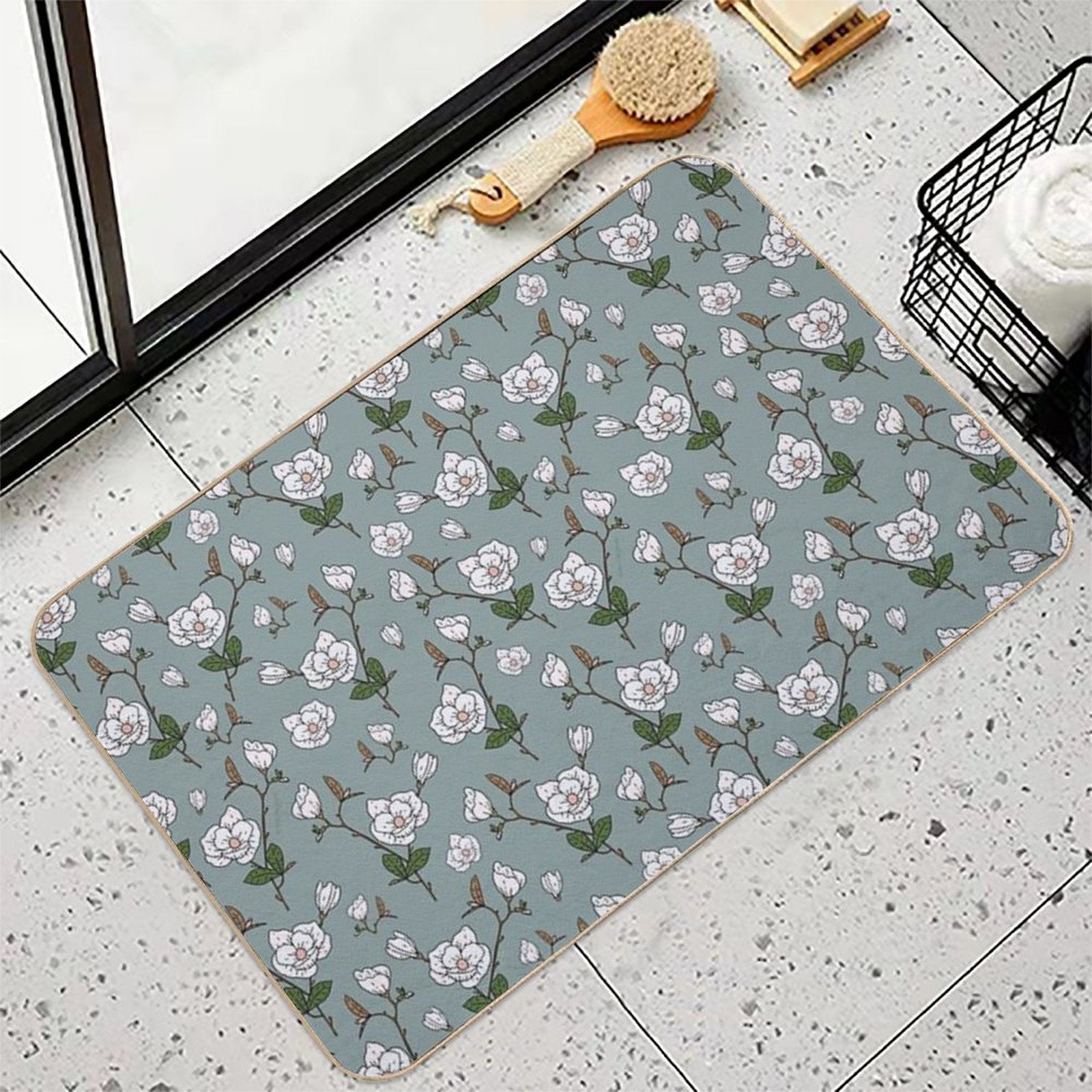 Botanical Magnolia Sprig Pattern_Sage  High-Traffic Bath Mat
