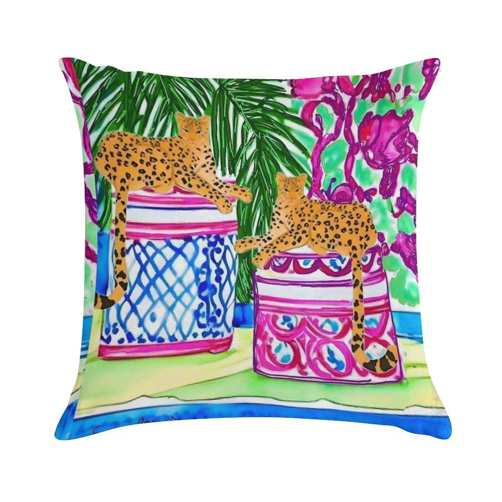 Two Cheetahs on Chinoiserie Jars Soft Style Accent Throw Pillow