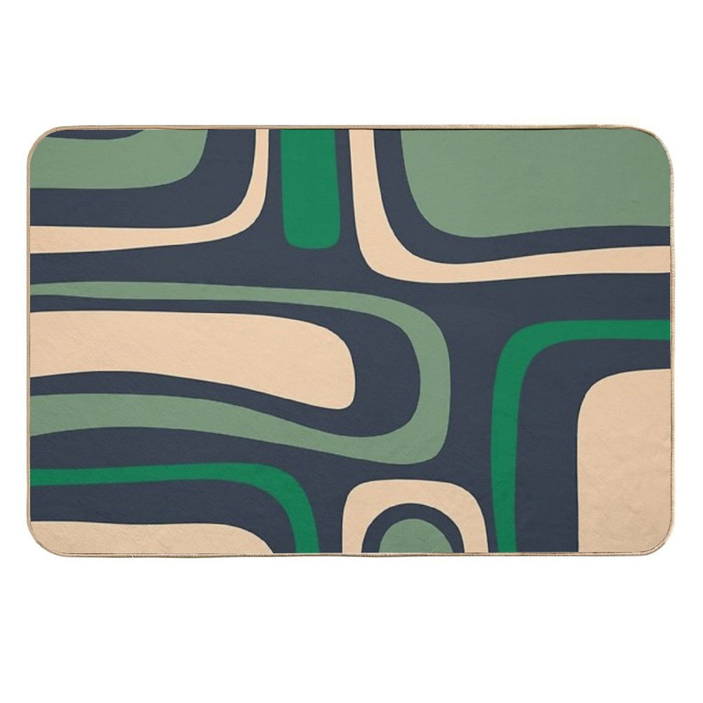 Palm Springs Retro Mid Century Modern Abstract Pattern Dark Blue, Green, And Beige  Anti-Trip Bath Mat