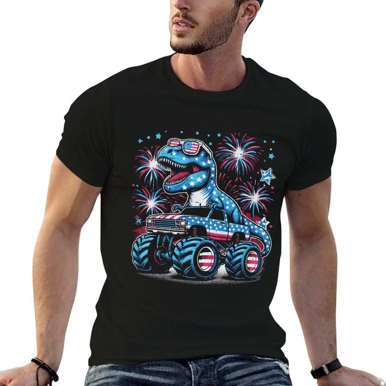 Kids 4th Of July Dino Monster Truck Trex Boys Kids Toddler  Durable T-Shirt