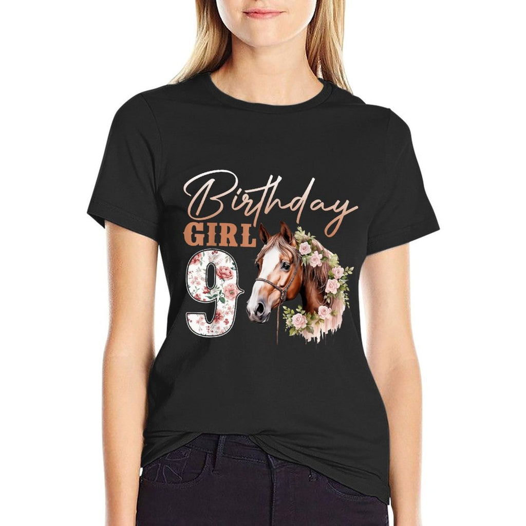 Kids Birthday 9 Years Old Girl Horse Lovers Florals 9th Bday  Affordable Price T-Shirt