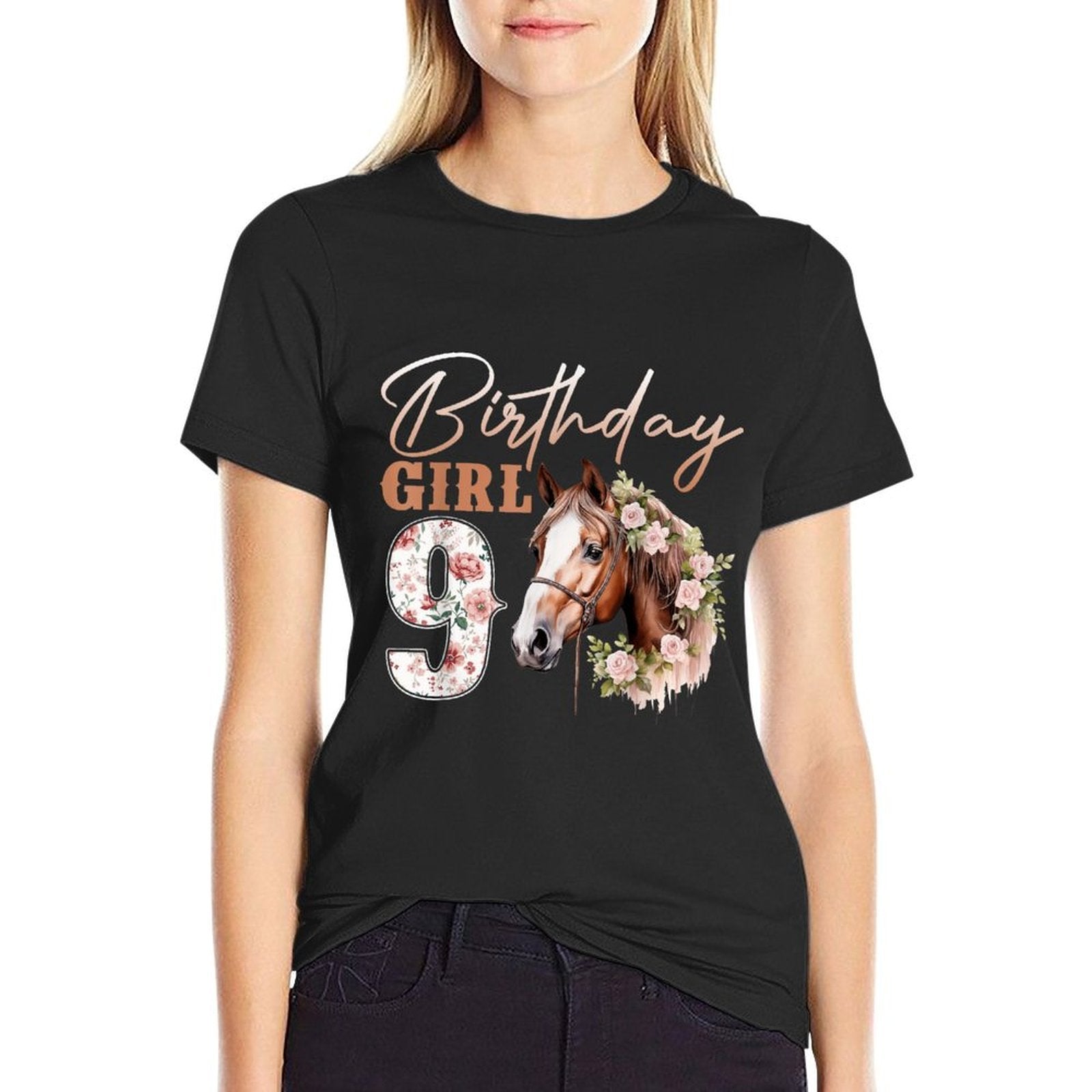 Kids Birthday 9 Years Old Girl Horse Lovers Florals 9th Bday  Affordable Price T-Shirt