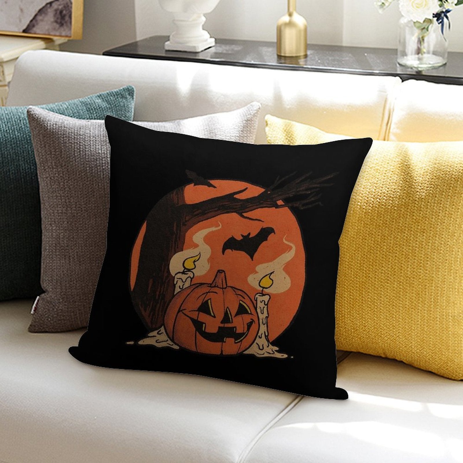 Vintage Pumpkin Scene Halloween Soft Durable Construction Throw Pillow