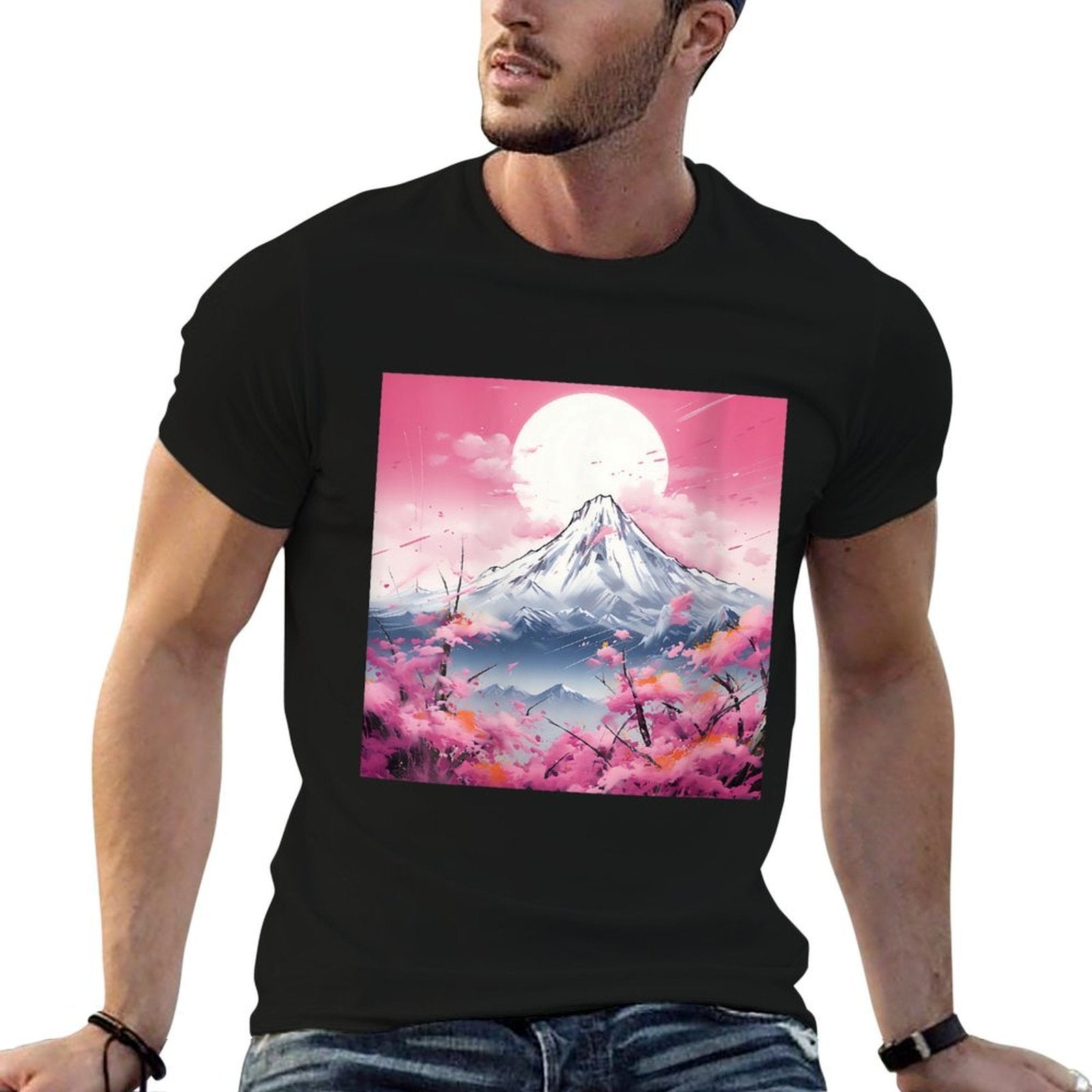 Sakura Reverie Japanese Petals Unfold in Twilight Peaks  Ribbed Collar T-Shirt