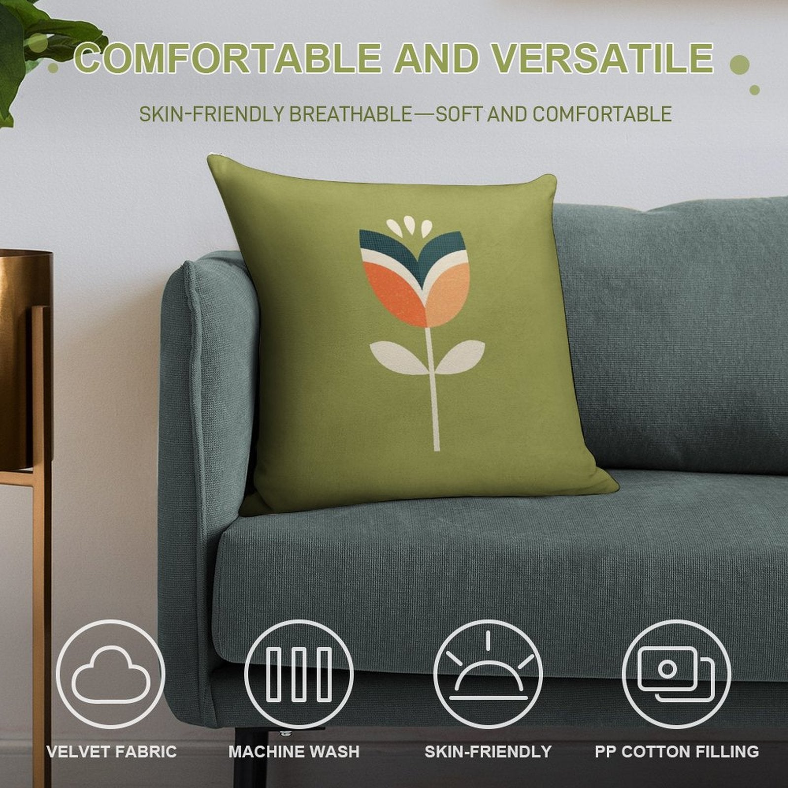 Retro Tulip - Orange And Olive Green Soft Decorative Cover Throw Pillow