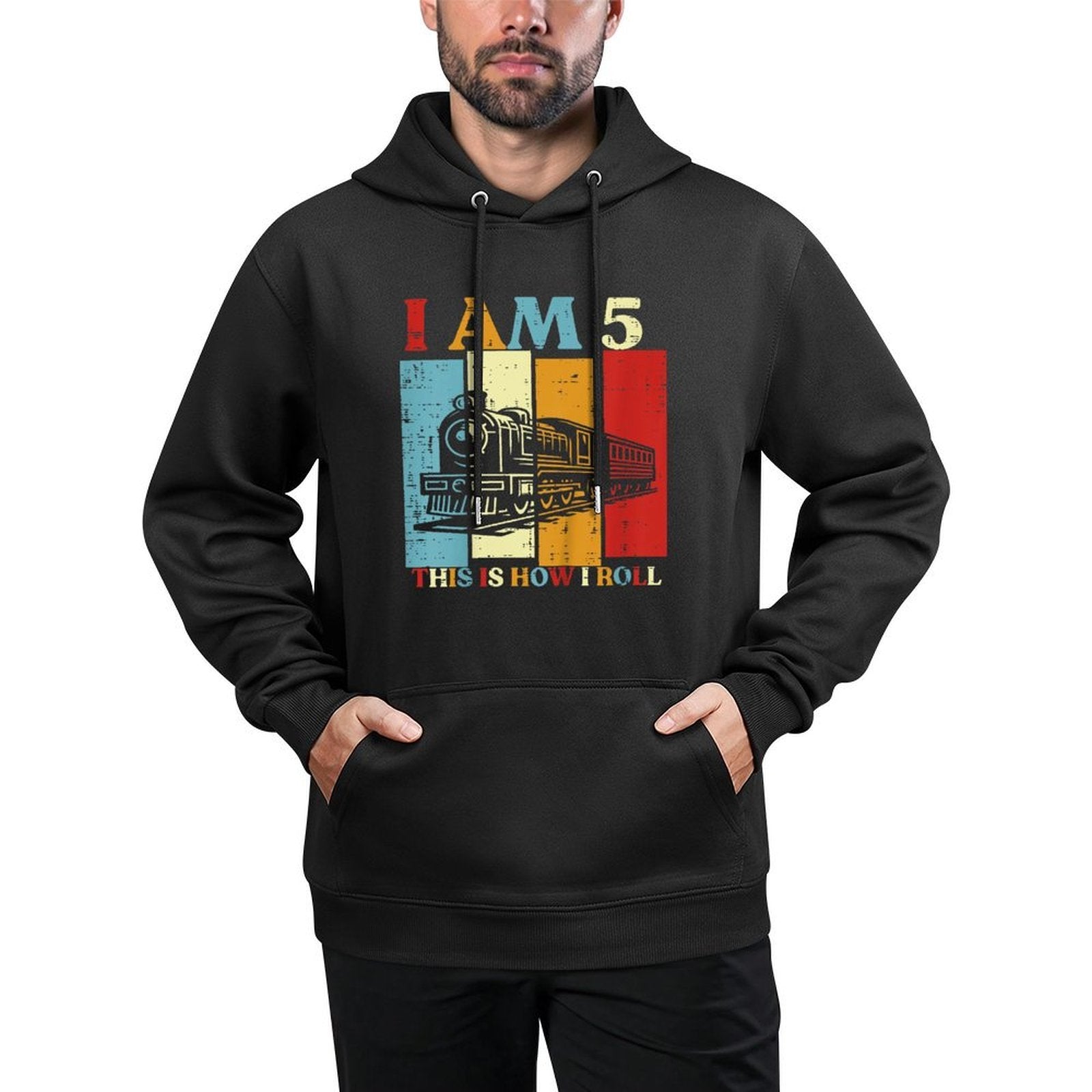 Kids I Am 5 This Is How I Roll Train 5th Bday Five Year Old Boys Kangaroo Pocket Hoodie