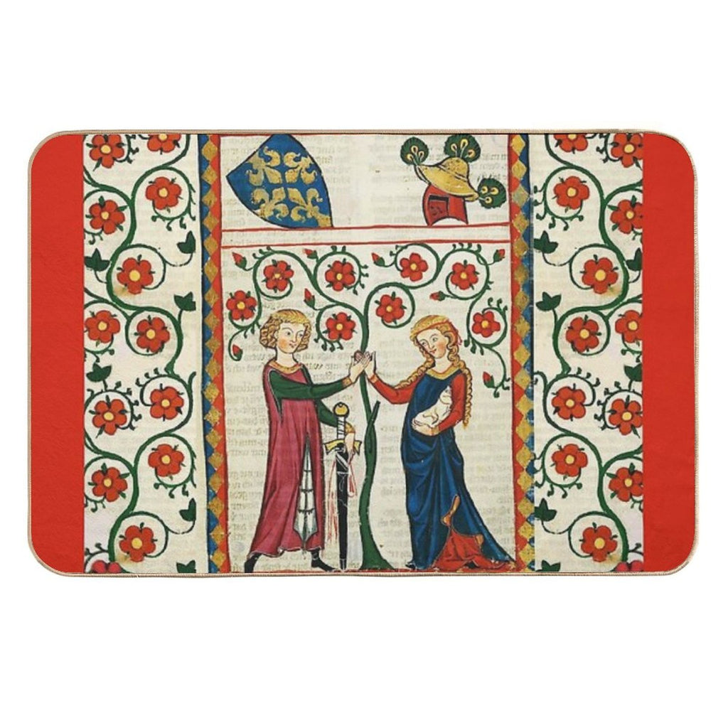 GERMAN POET WITH HIS BELOVED LADY ,MEDIEVAL MINIATURE WITH WILD ROSES  Fade-Resistant Bath Mat