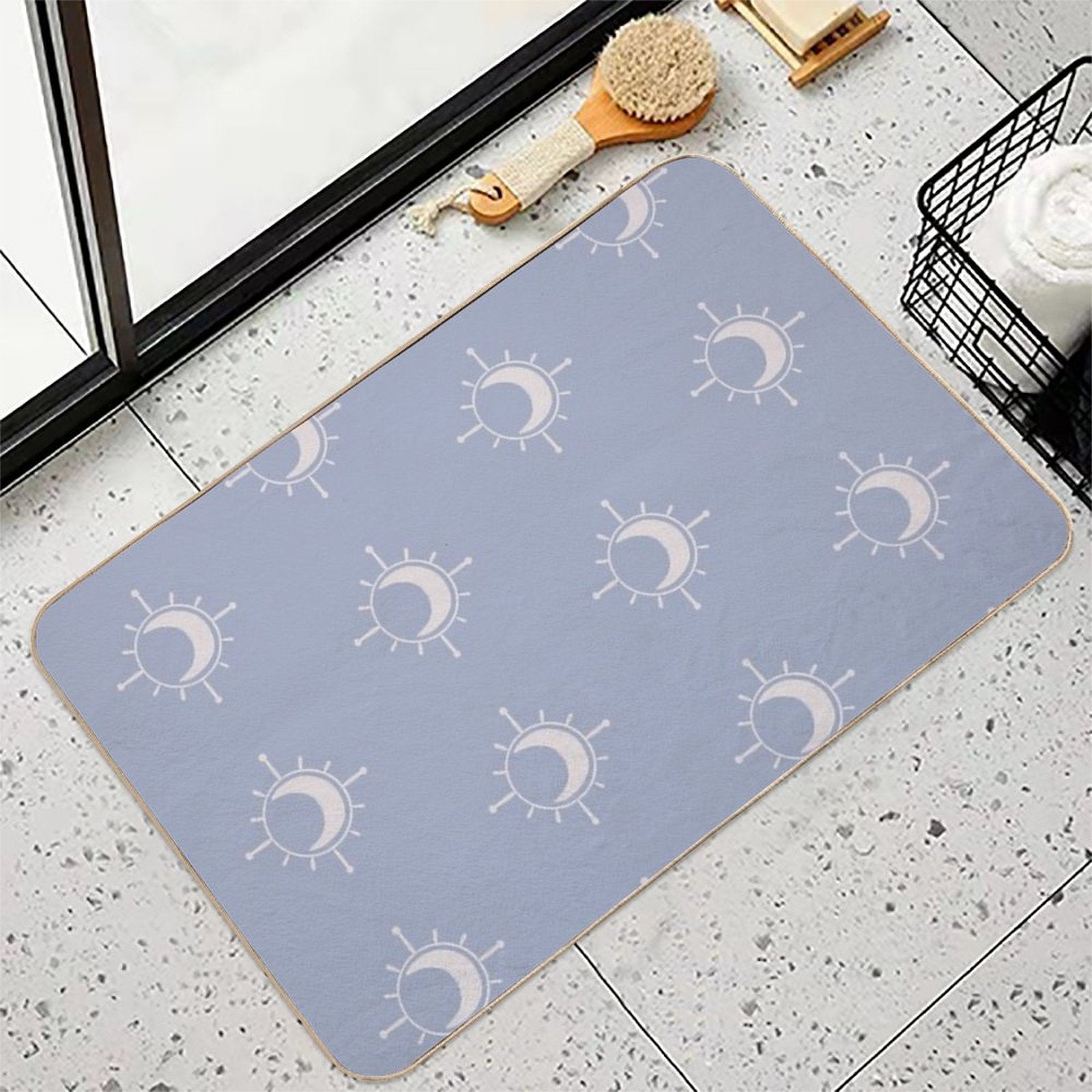 Cosmic Sun And Moon Design Soft Aesthetic In Muted Colors Pigeon Blue  Long-Lasting Bath Mat