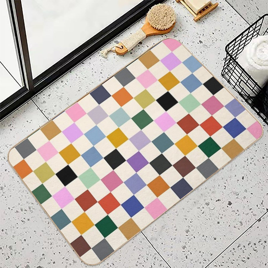 Multi Colour on Cream Checkerboard Grid  Slip-Resistant Bath Mat