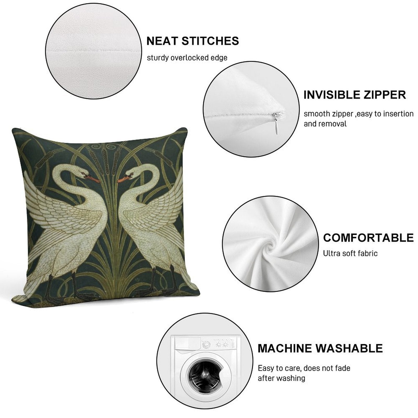 Art Deco - Swan, Rush, And Iris Soft Shrink-Resistant Throw Pillow