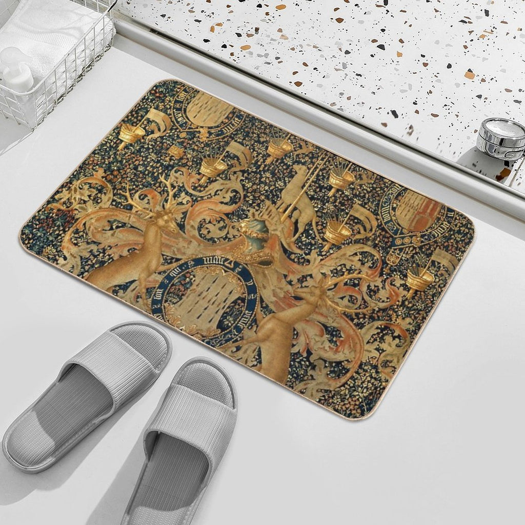 Gold Navy Blue Antique Heraldic Tapestry with Harts,Armorial Bearings Badges of John  Fade-Resistant Bath Mat