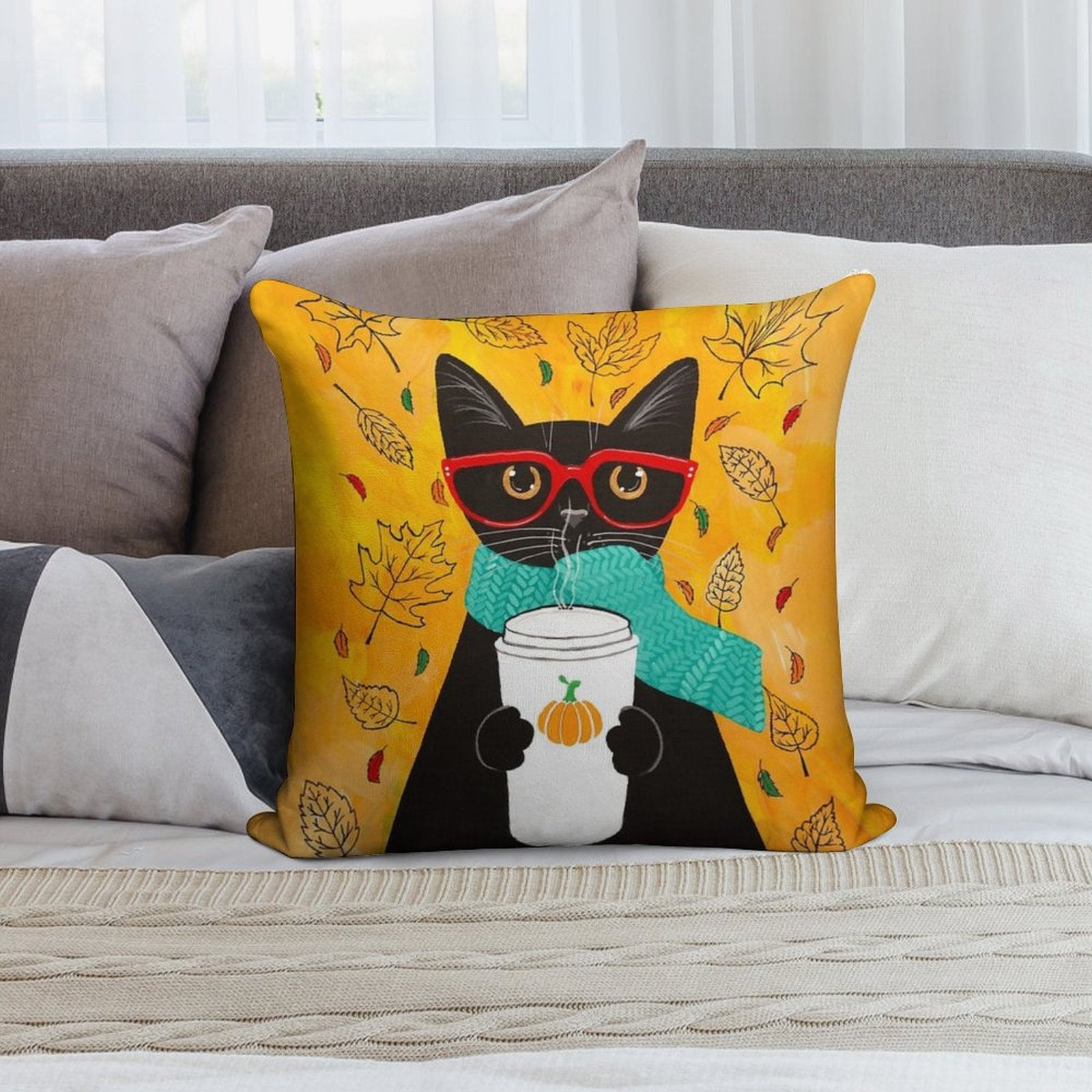 Autumn Pumpkin Coffee Cat Soft High-Density Material Throw Pillow