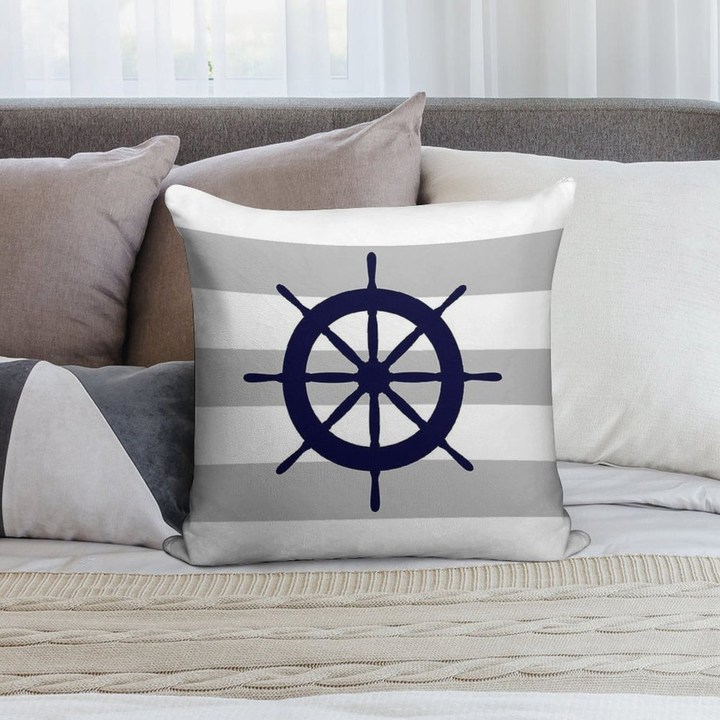 Nautical Navy Blue Ship's Steering Wheel On Silver Gray Stripes Soft Short Plush Fabric Throw Pillow