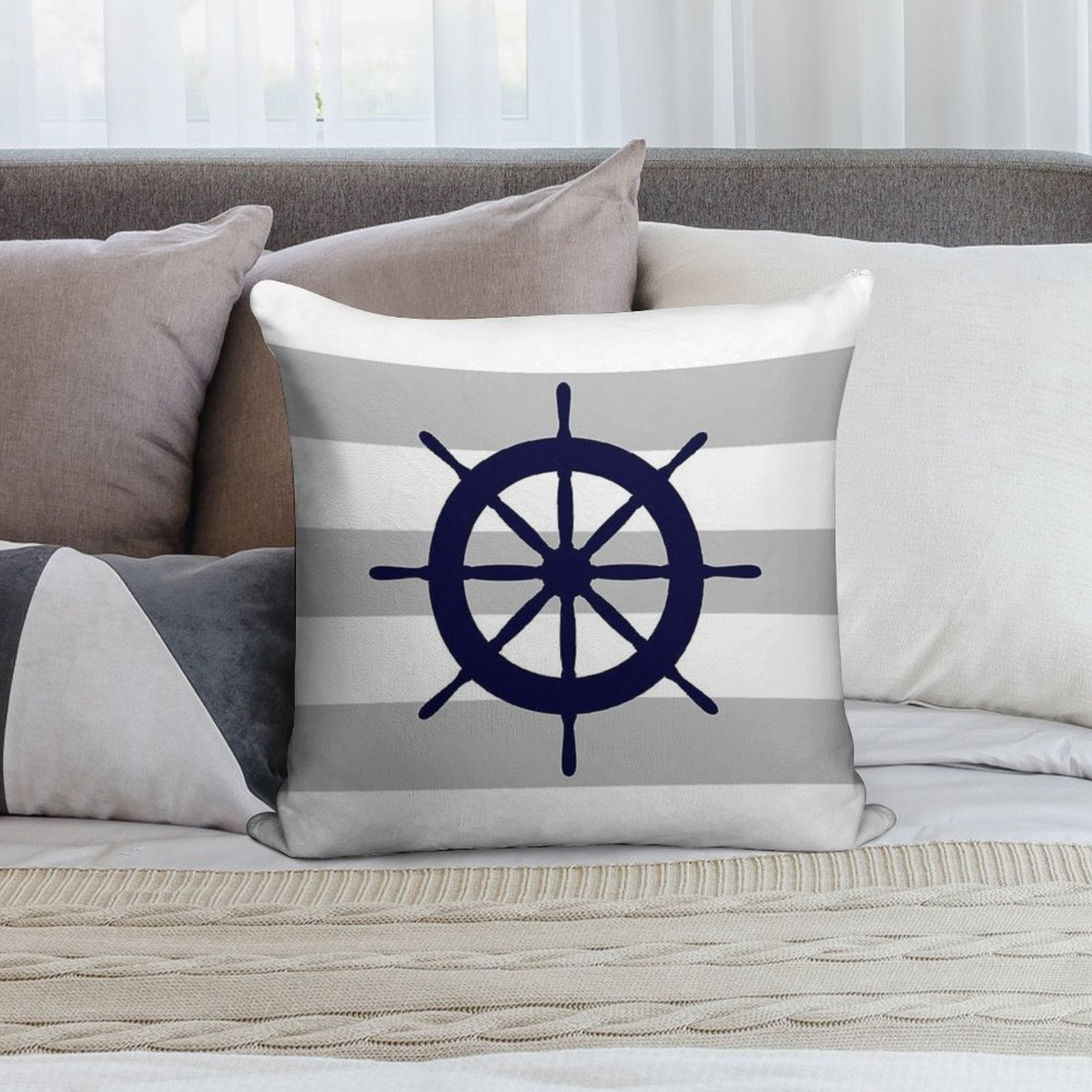 Nautical Navy Blue Ship's Steering Wheel On Silver Gray Stripes Soft Short Plush Fabric Throw Pillow