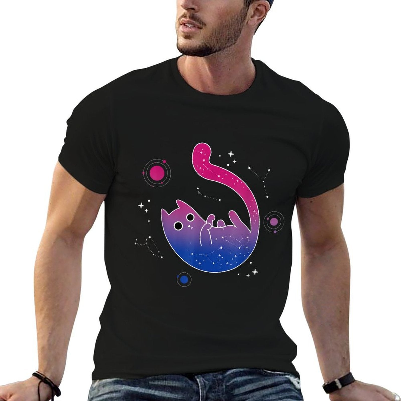 Bisexual Cat Galaxy Space LGBT Bi Pride Month, Gay LGBT  Stretchy T-Shirt