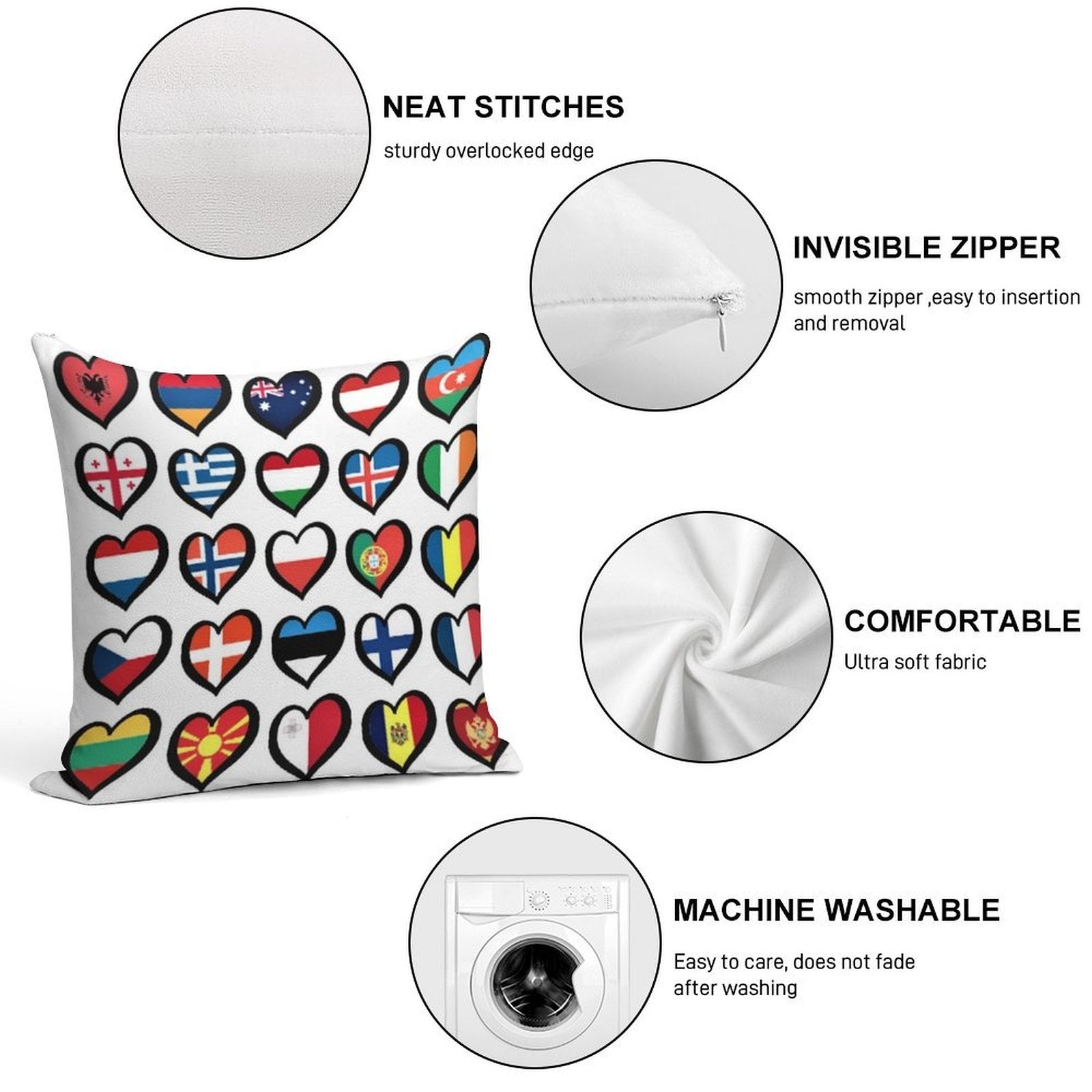 Eurovision Song Contest Flags Hearts ESC EBU Eurofans Soft Hidden Zipper Throw Pillow