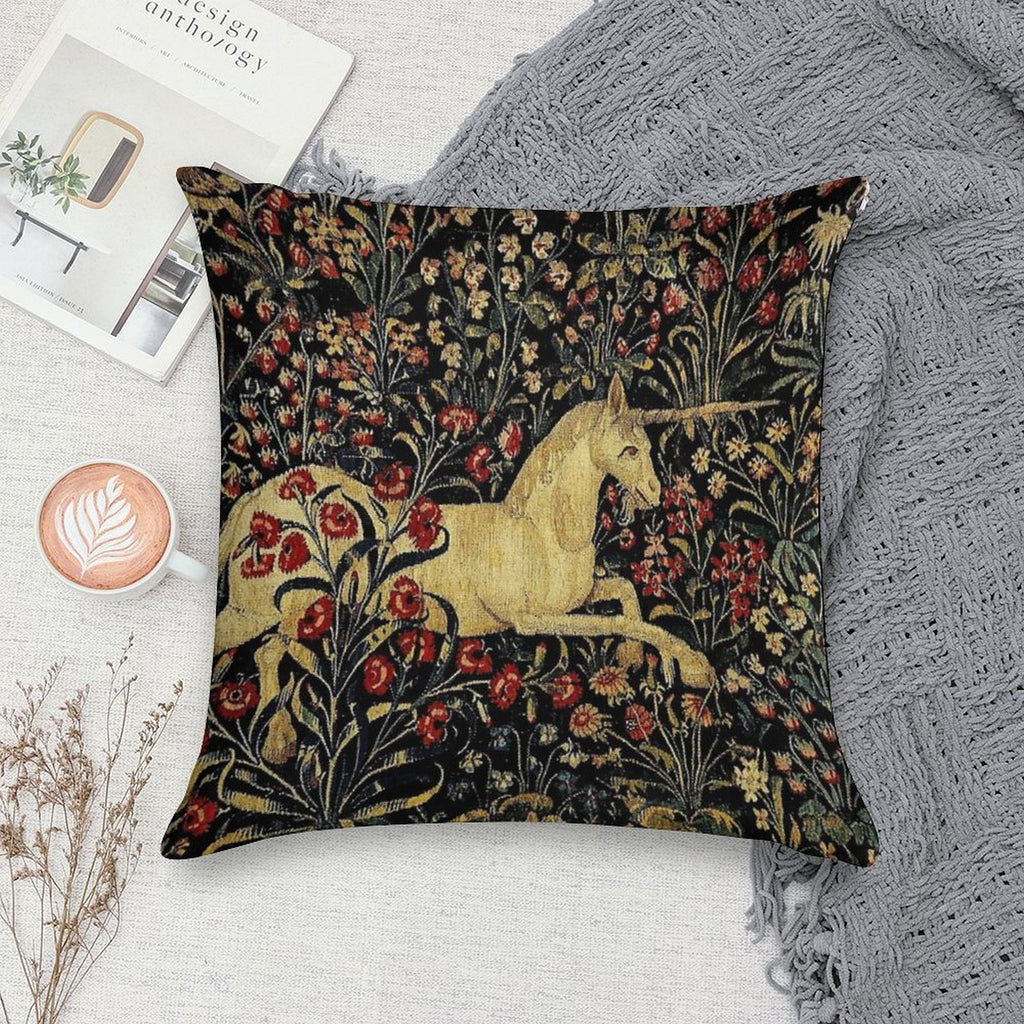 Medieval Unicorn Midnight Floral Tapestry Soft Shrink-Resistant Throw Pillow