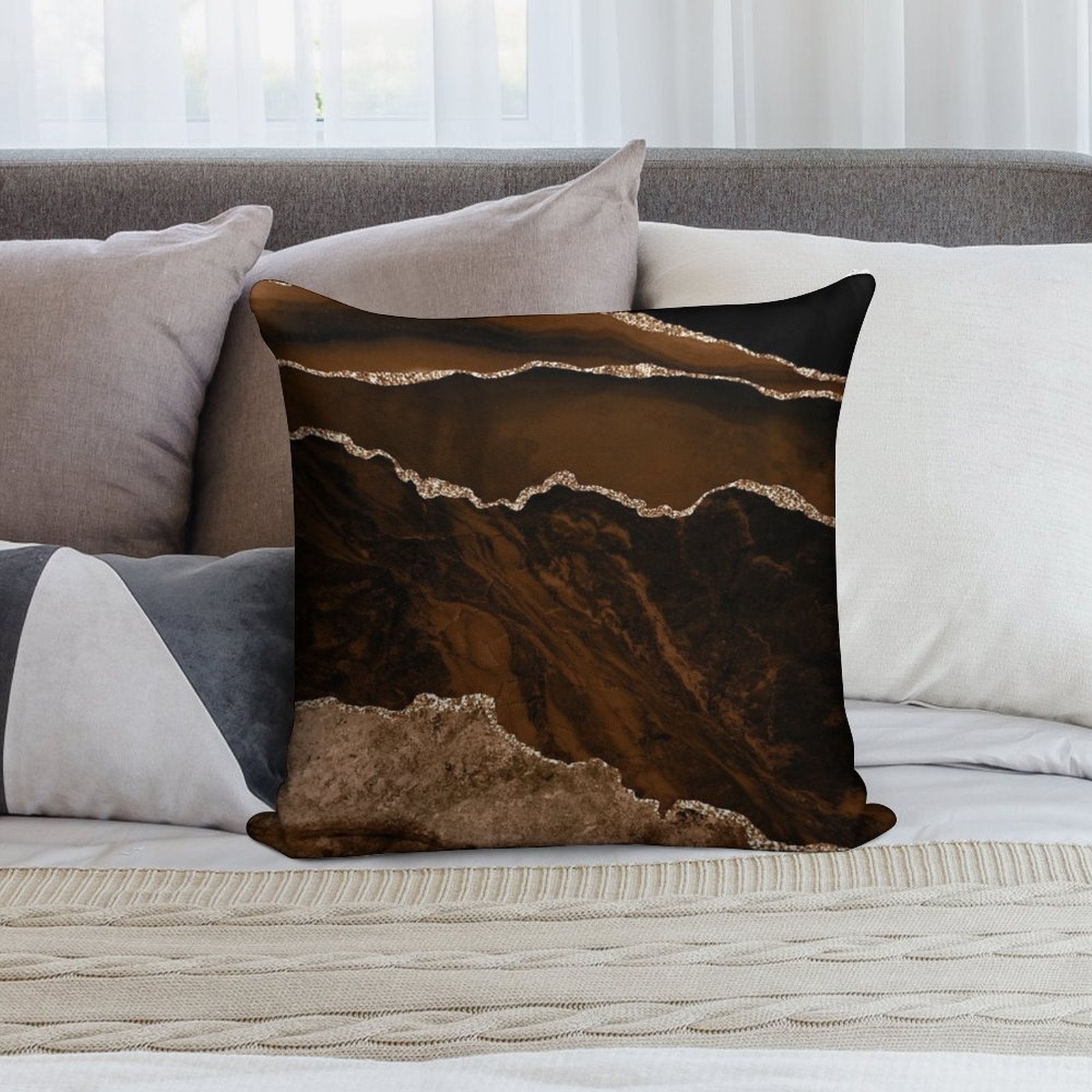 Abstract Brown & Gold Modern Geode Agate Design Soft Shrink-Resistant Throw Pillow