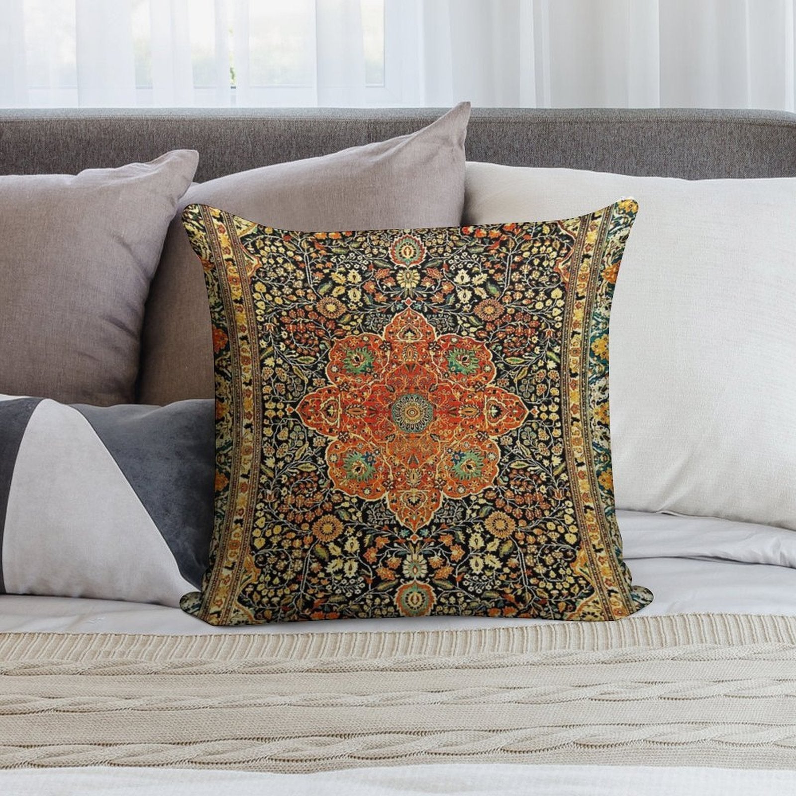 Antique Persian Mohtashem Kashan Rug Print Soft Reinforced Edging Throw Pillow