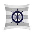 Nautical Navy Blue Ship's Steering Wheel On Silver Gray Stripes Soft Short Plush Fabric Throw Pillow