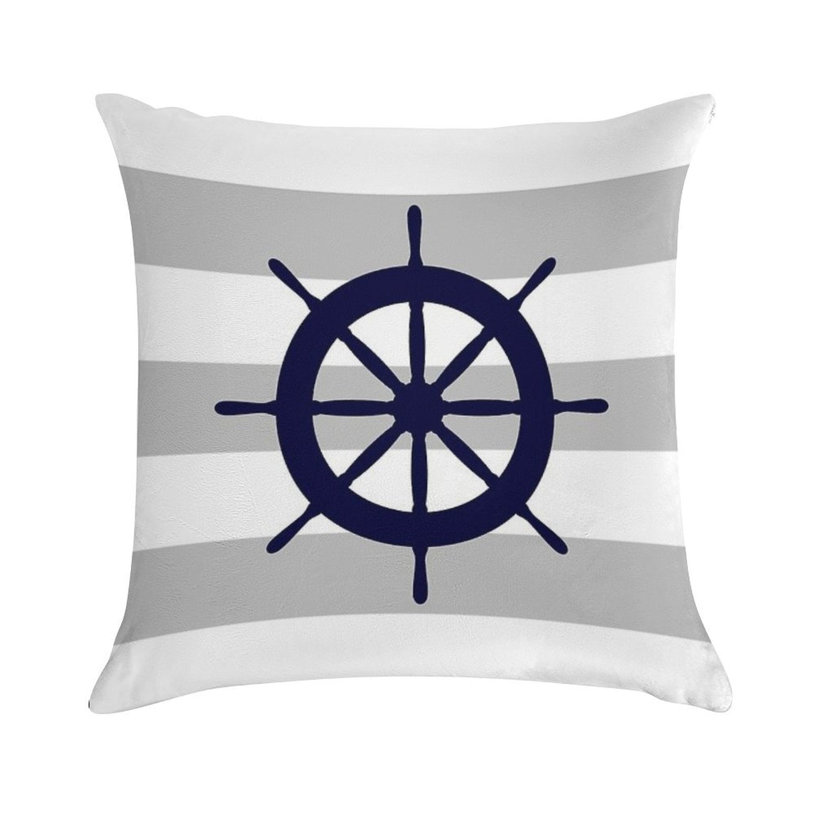Nautical Navy Blue Ship's Steering Wheel On Silver Gray Stripes Soft Short Plush Fabric Throw Pillow