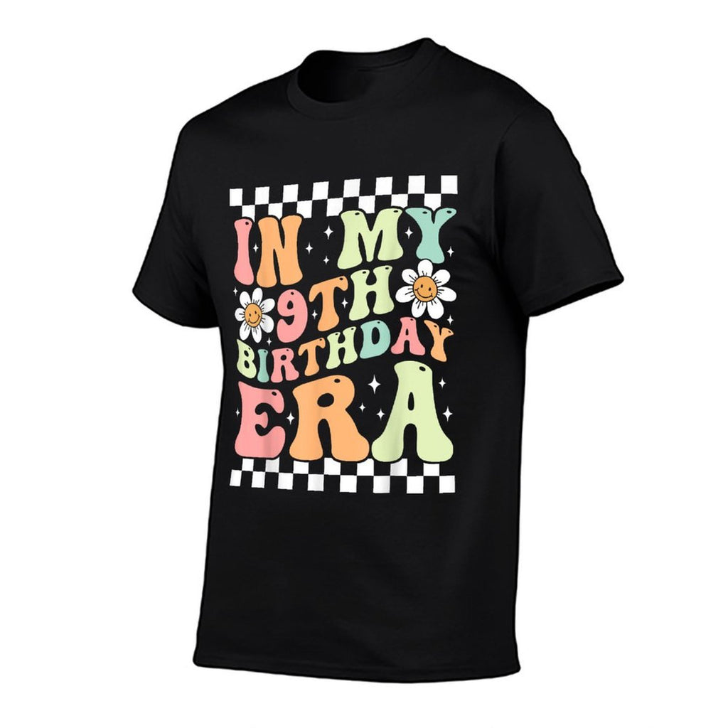 In My 9th Birthday Era Cute Daisy Groovy 9th Birthday Party  Ribbed Collar T-Shirt