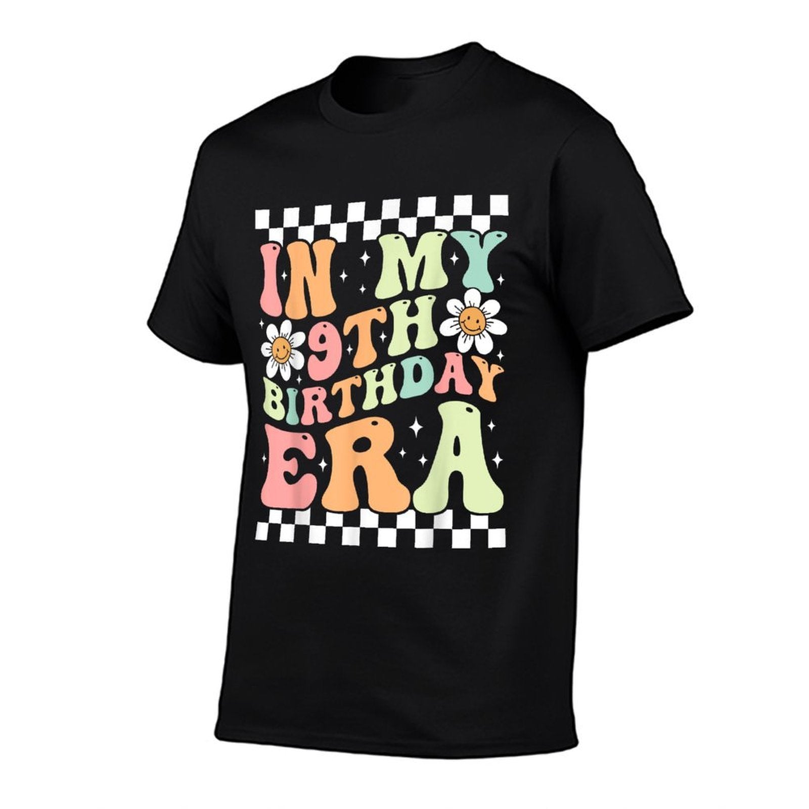 In My 9th Birthday Era Cute Daisy Groovy 9th Birthday Party  Ribbed Collar T-Shirt