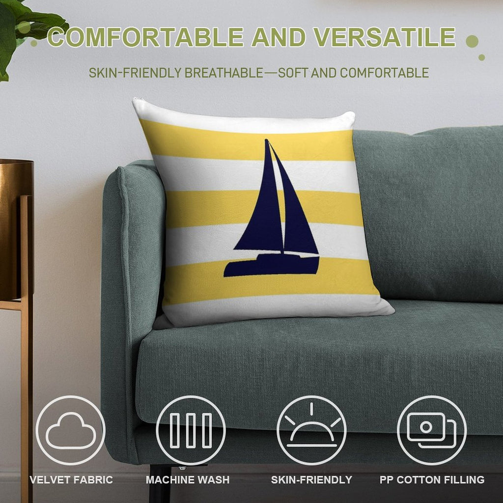 Nautical Navy Blue Sailboat On Mustard Yellow Stripes Soft Bedroom Essential Throw Pillow