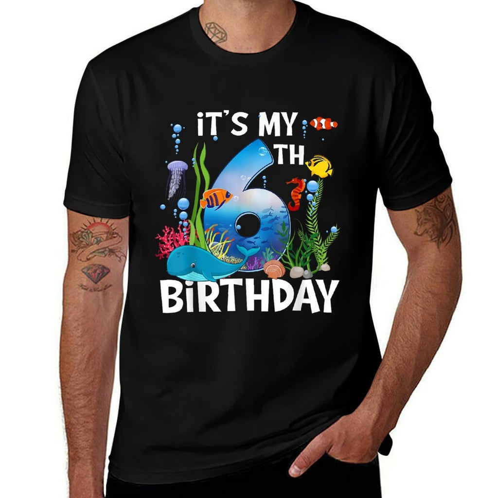 Kids 6 Year Old Ocean Life Whale Dolphin Shark 6th Birthday  Trendy Pattern T-Shirt