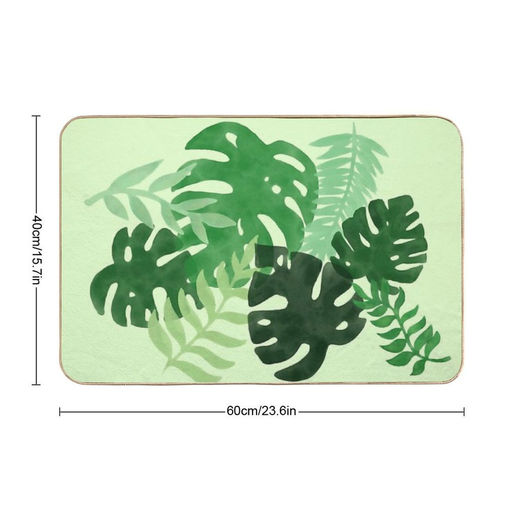 Watercolor Tropical Leaves - Green Background  High-Traffic Bath Mat