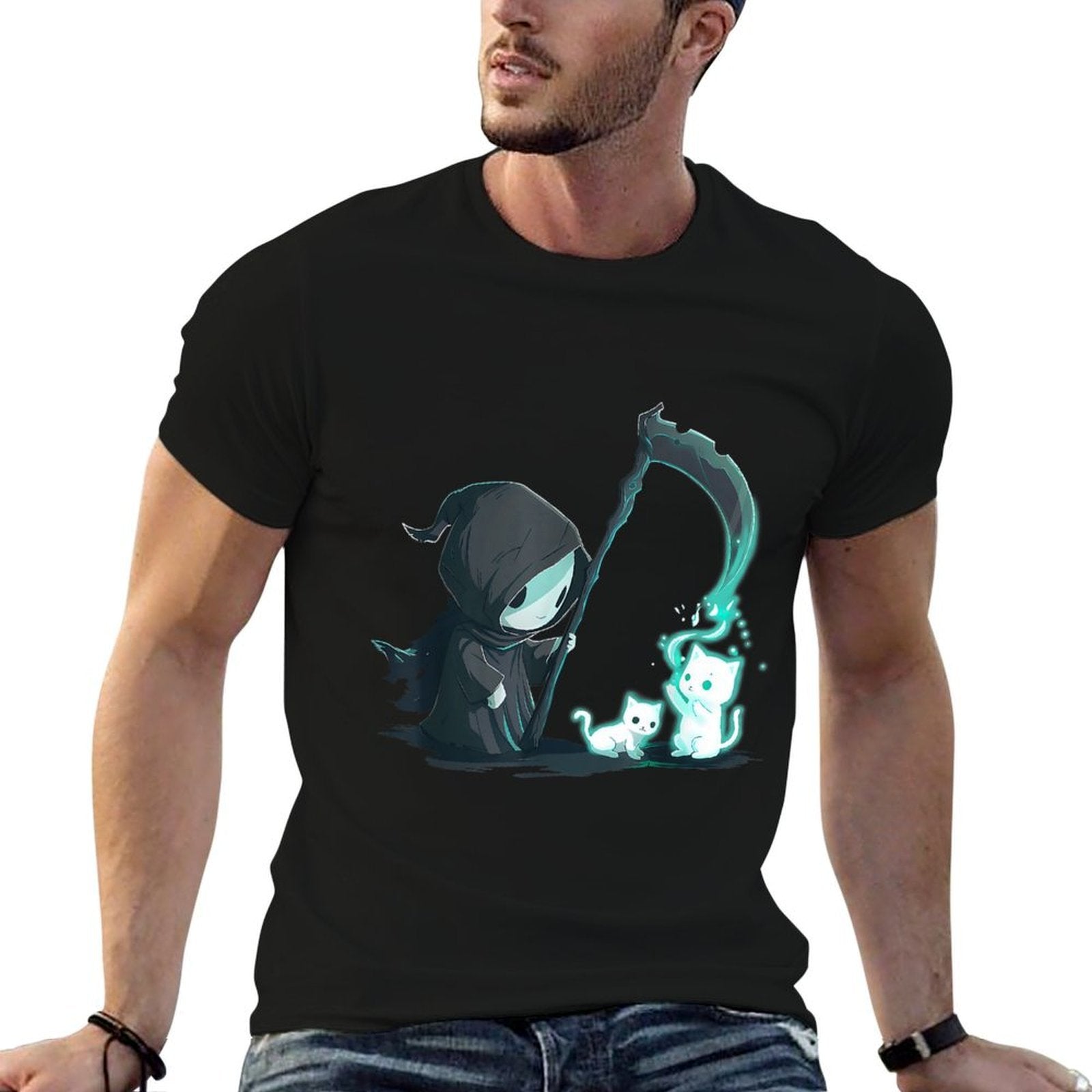 Cute Grim Reaper Skeleton With Cat Ghost Kawaii Pastel Goth  Eco-friendly Material T-Shirt