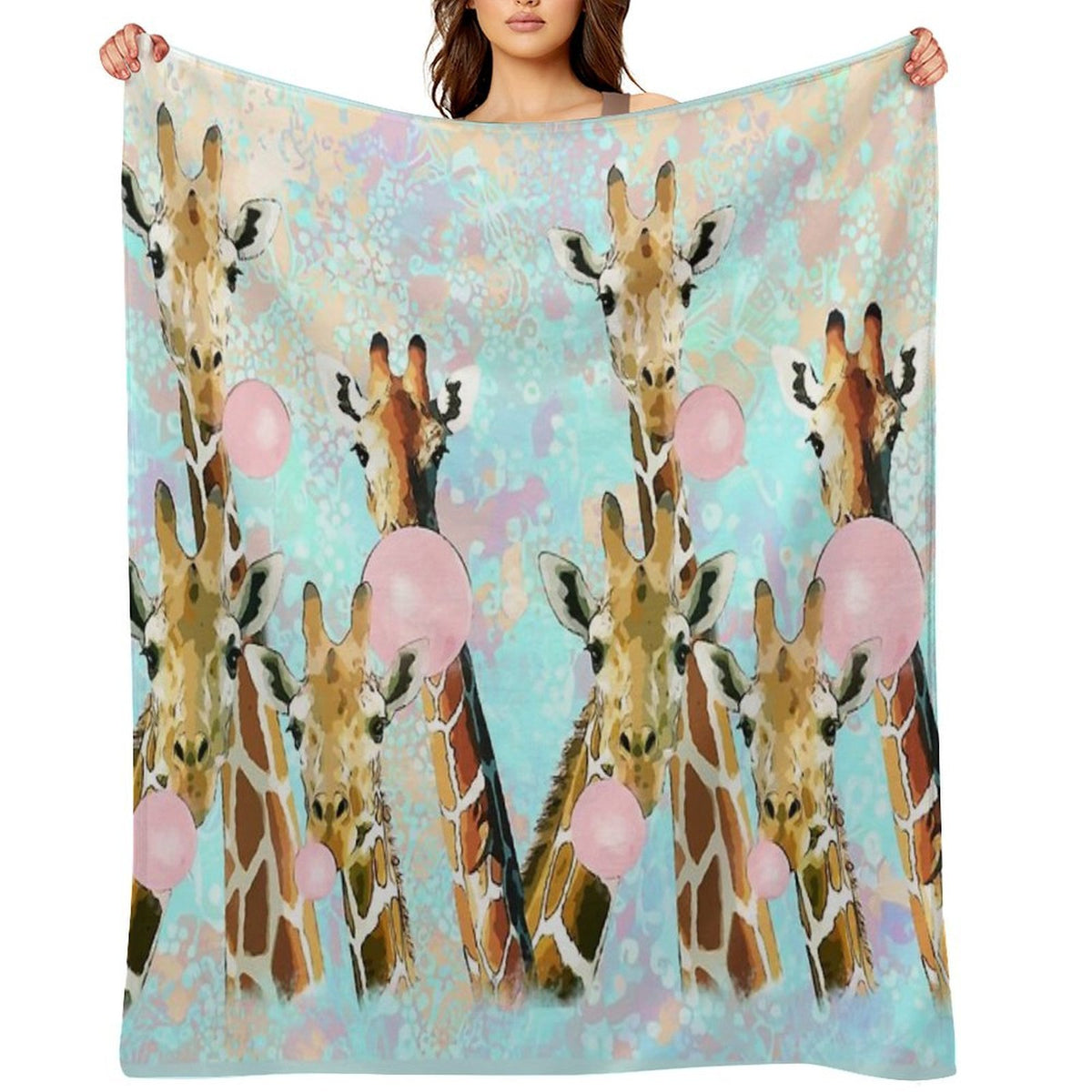 Watercolor Giraffes with Bubblegum, Funny Animals, Cute, Kawaii Giraffe Multi-functional Throw Blanket